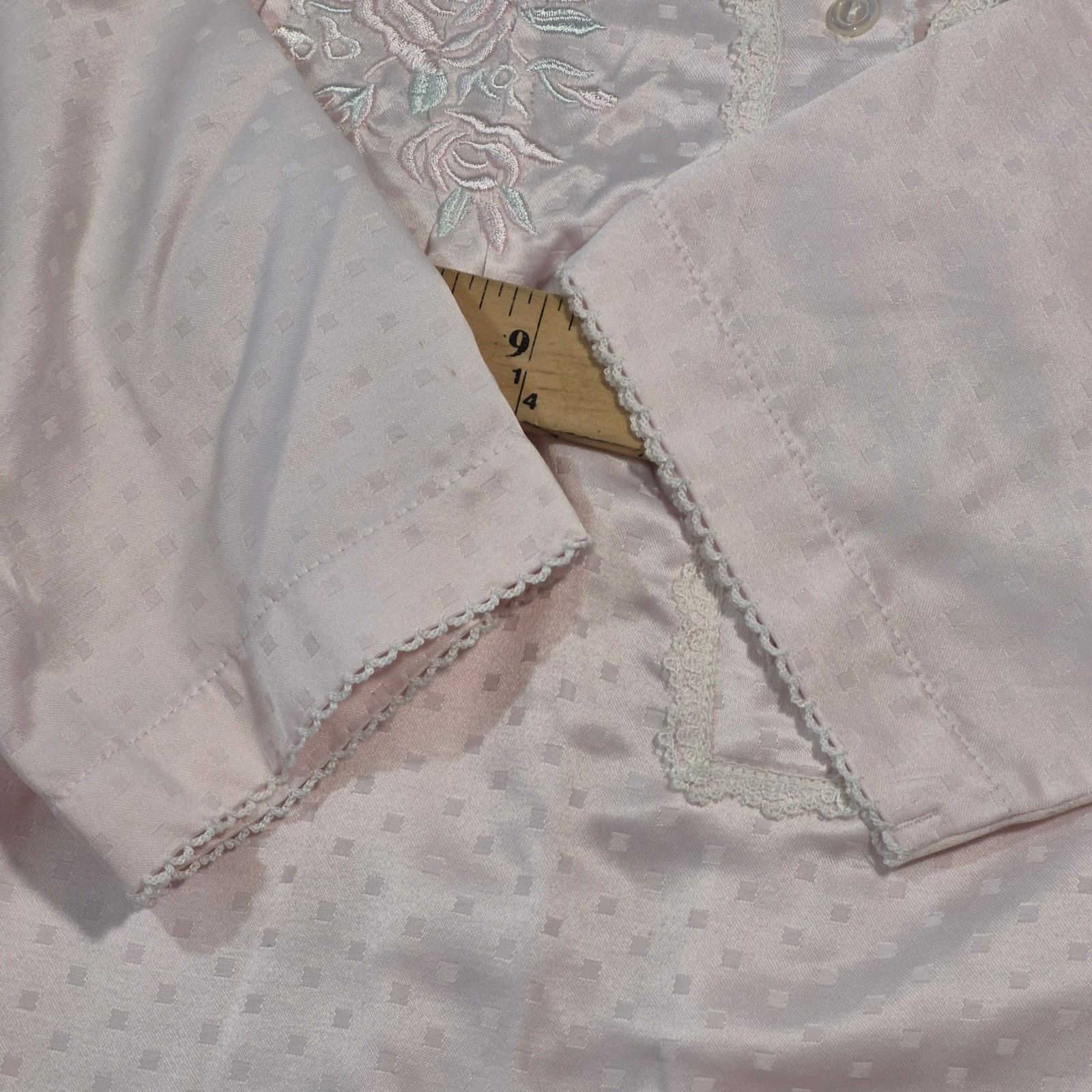 VTG Miss Elaine Pink Check Satin Nightgown Embroidered Floral Size L 90s