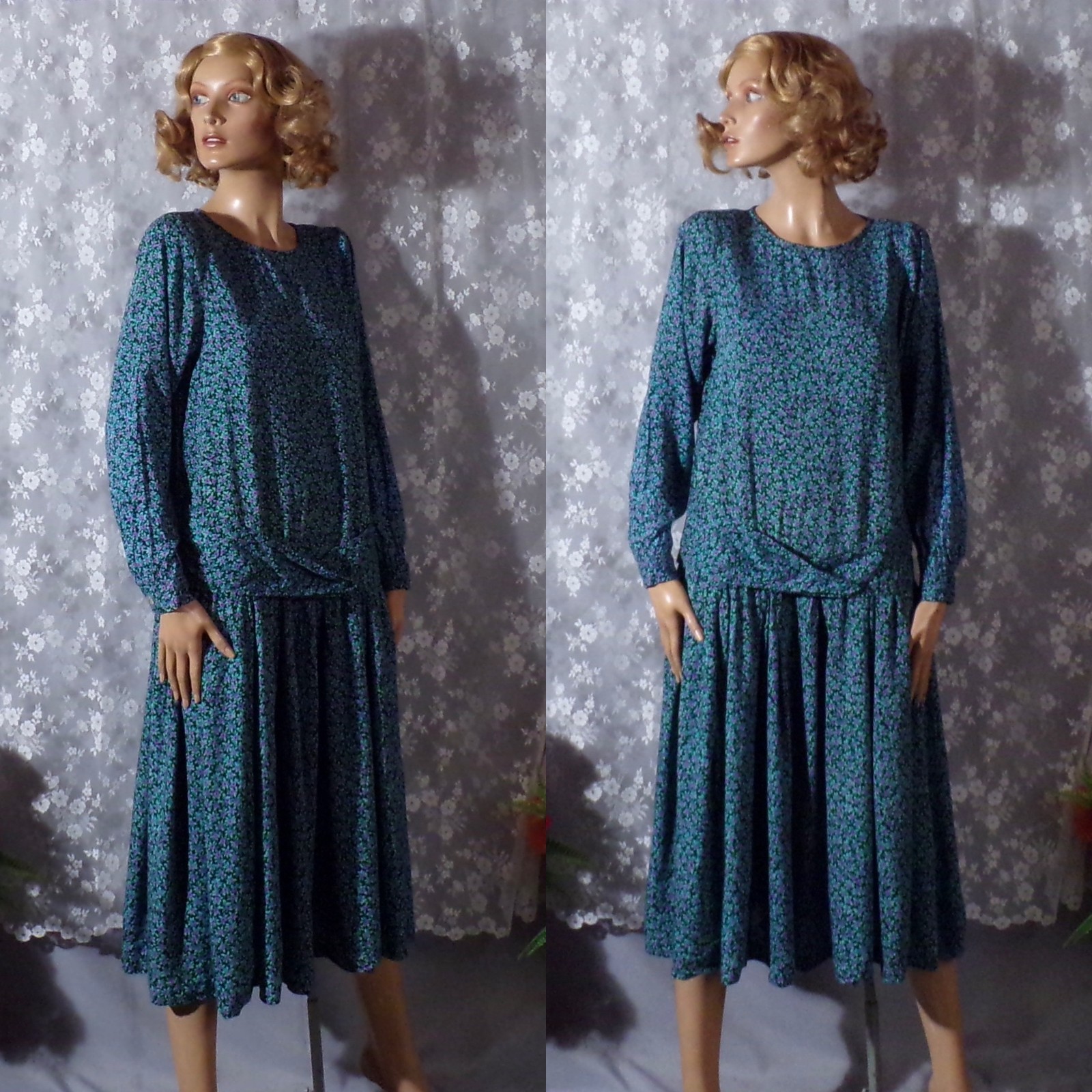 Vintage 90s Floral Rayon Dress Size Medium 1990s Retro Boho Drop Waist 20s Style