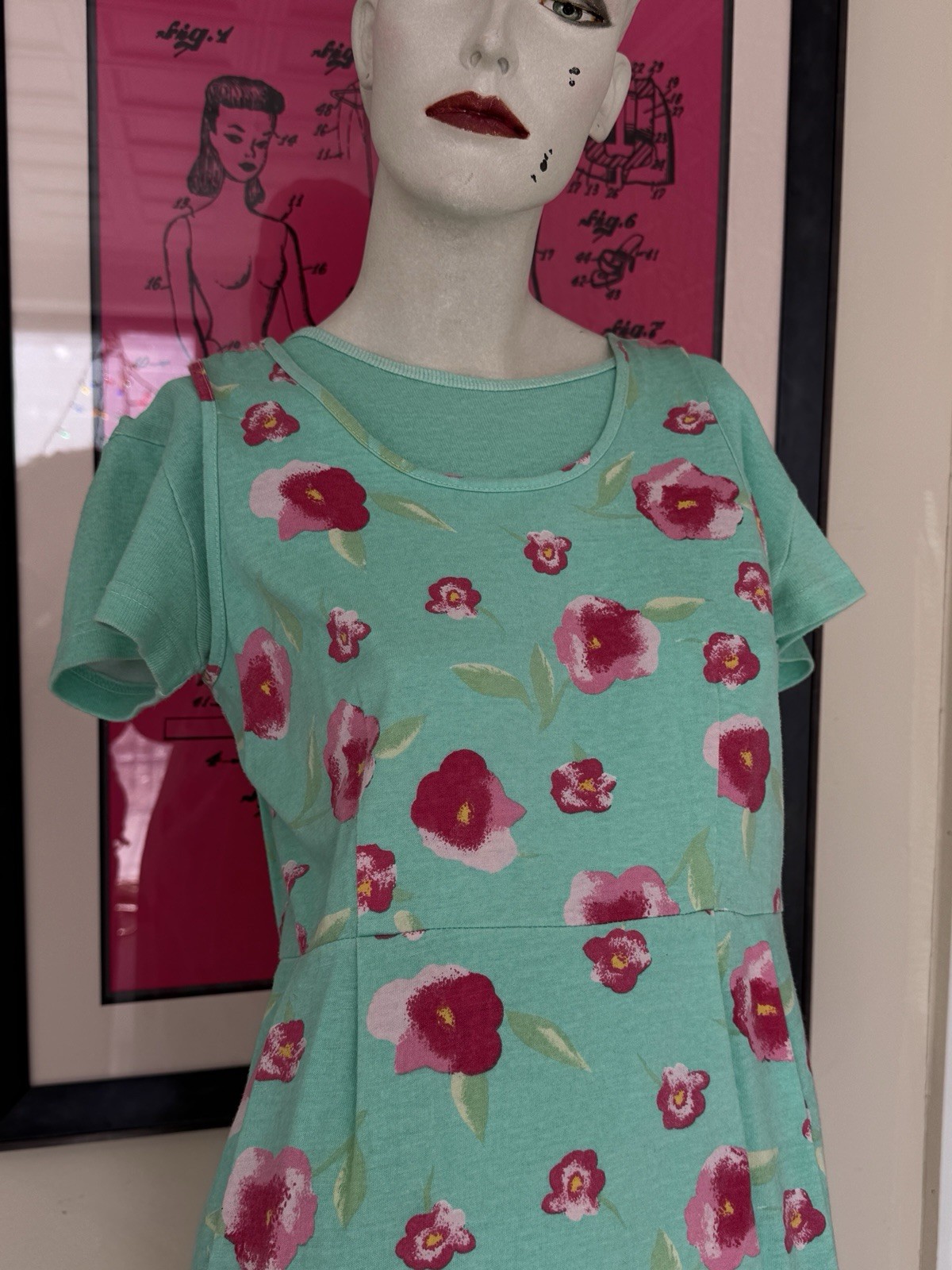 Vintage 1990s Dress Set-Knit-Floral-Spring-Cottage Green Pink-T Shirt-Tank-M