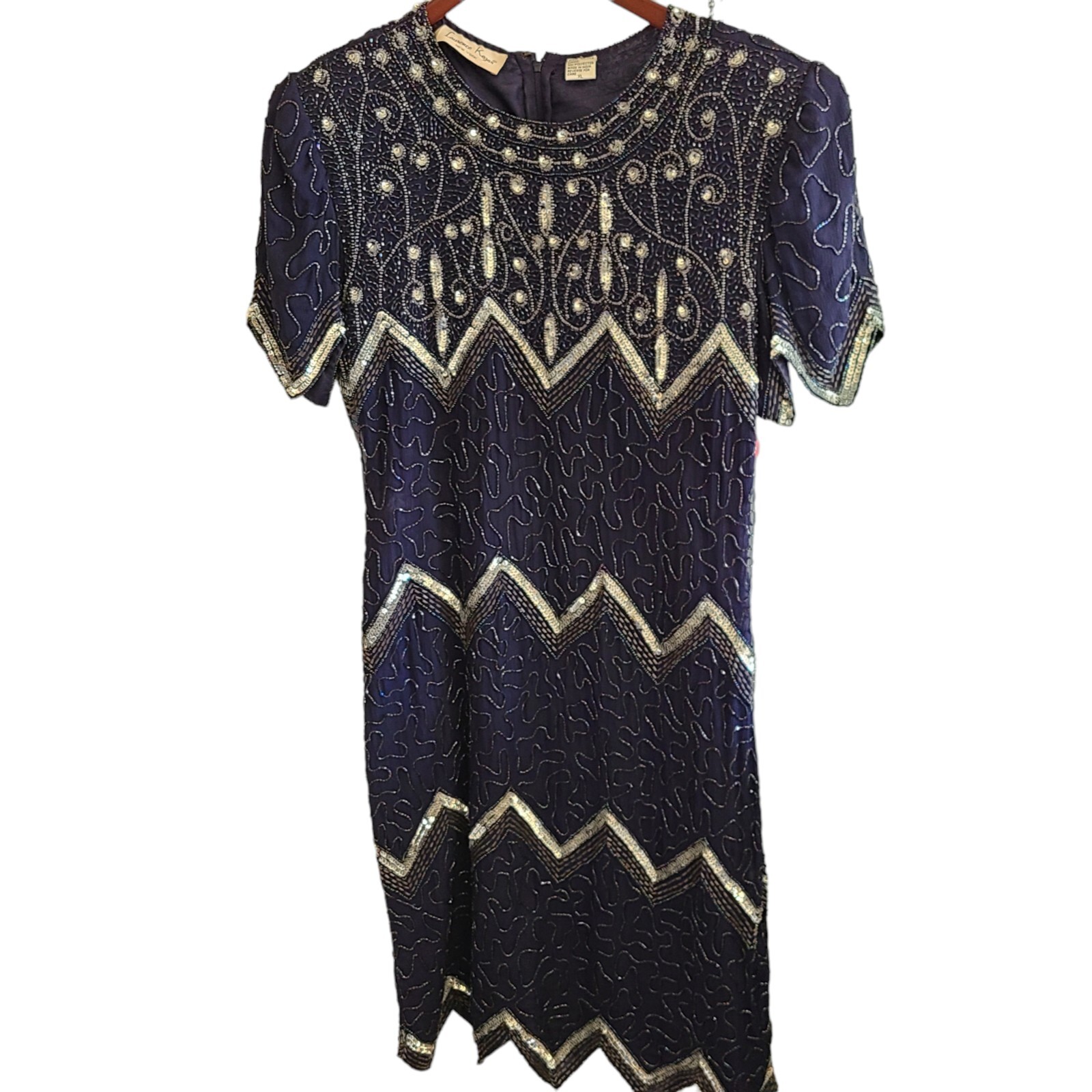 Laurence Kazar Beaded Silk Dress Vintage XL Party Special Occasion