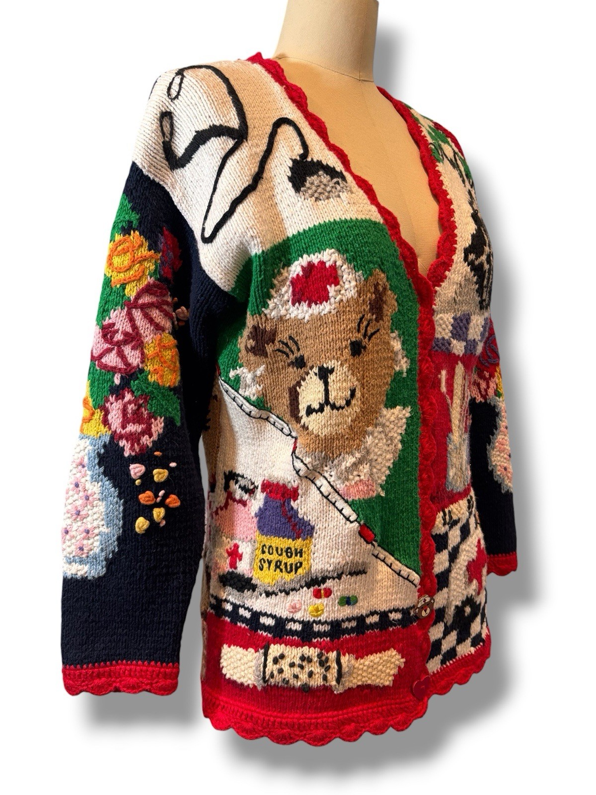 Vintage 1995 Eagle’s Eye Hand Knitted Hospital Nurse Teddy Care Sweater Sz S