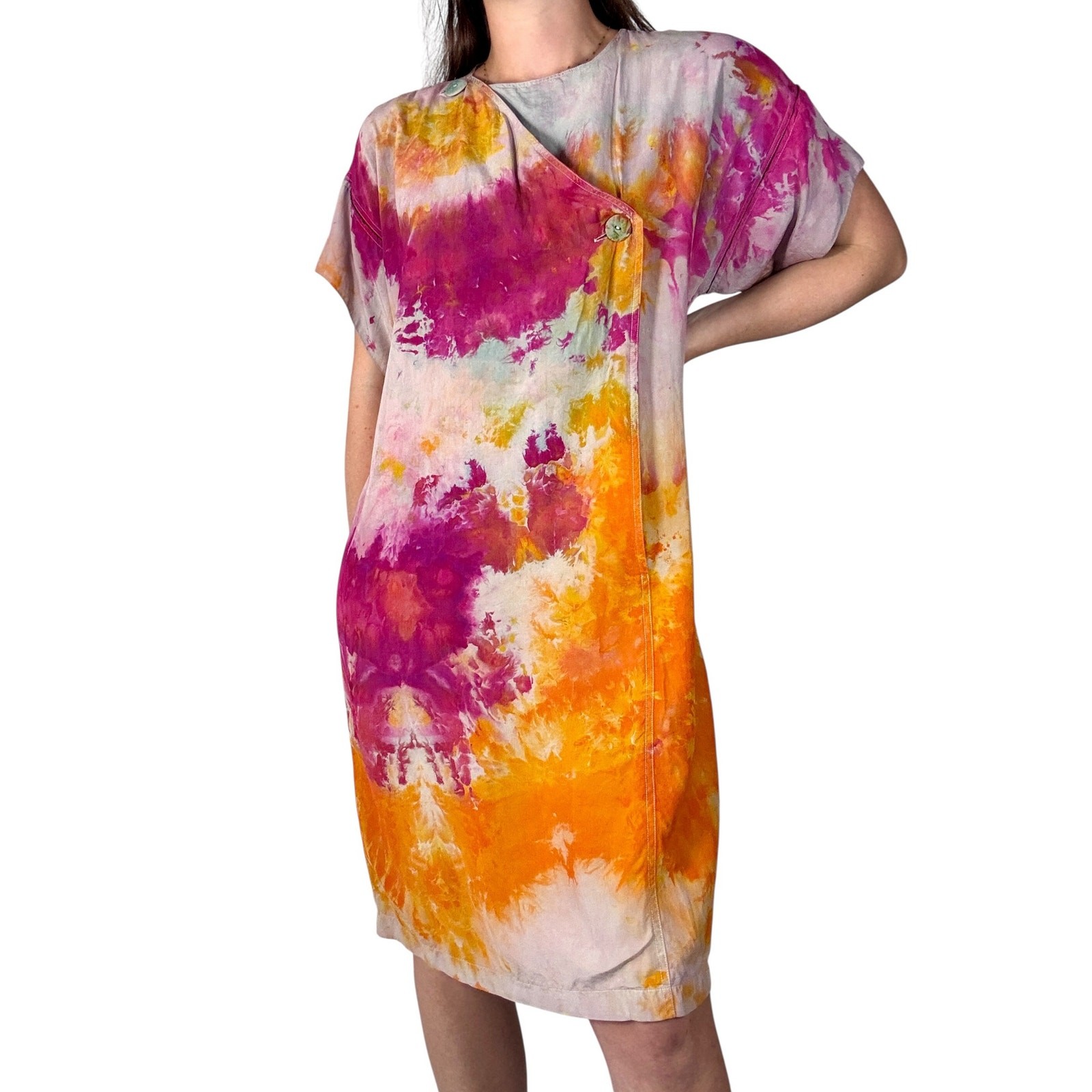 Hand Dyed Vintage 80s Lzinga Silk Shift Dress Orange Magenta Ice Dye Wood Button