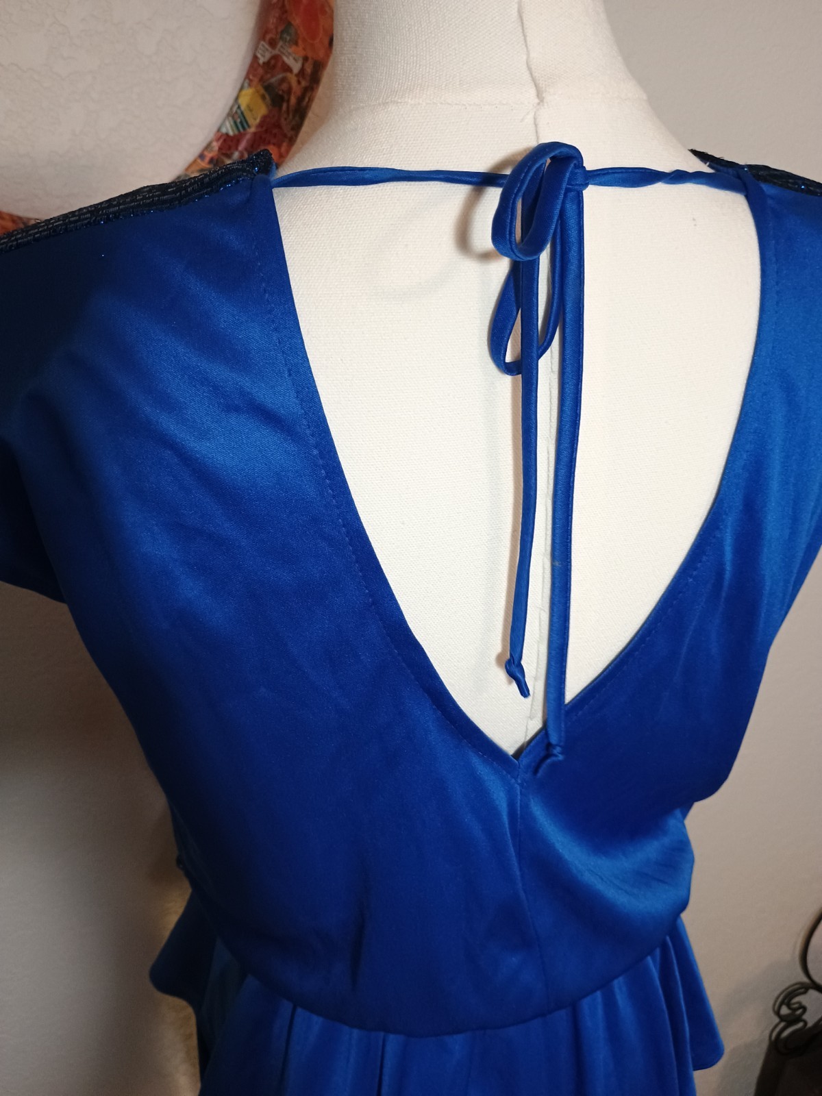 Vintage 80s Slinky Disco Royal Blue Plunging Ruched Drape Party Cocktail Dress