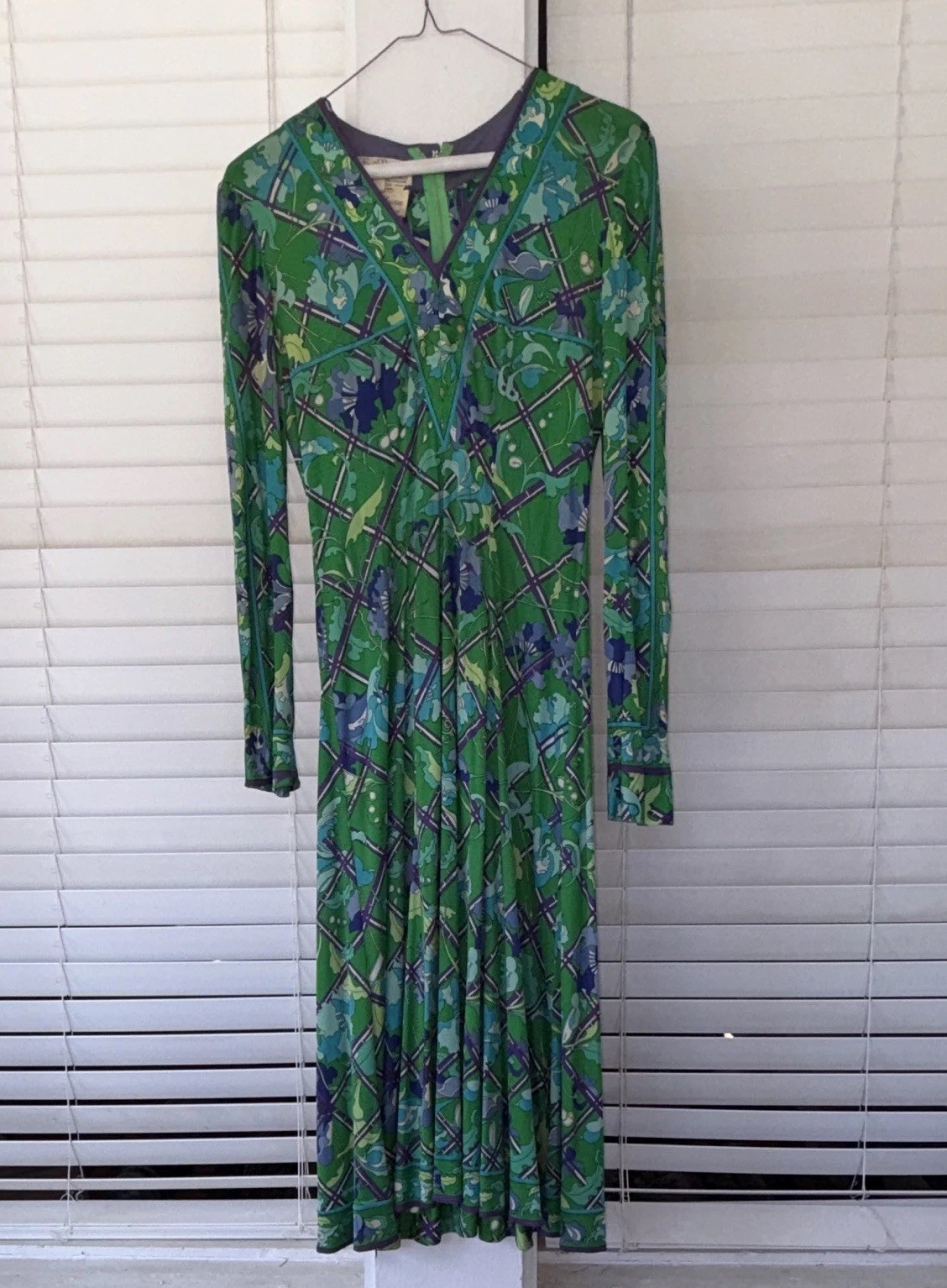 Emilio Pucci Silk Green Blue Purple Print Long Sleeve Dress Size 10