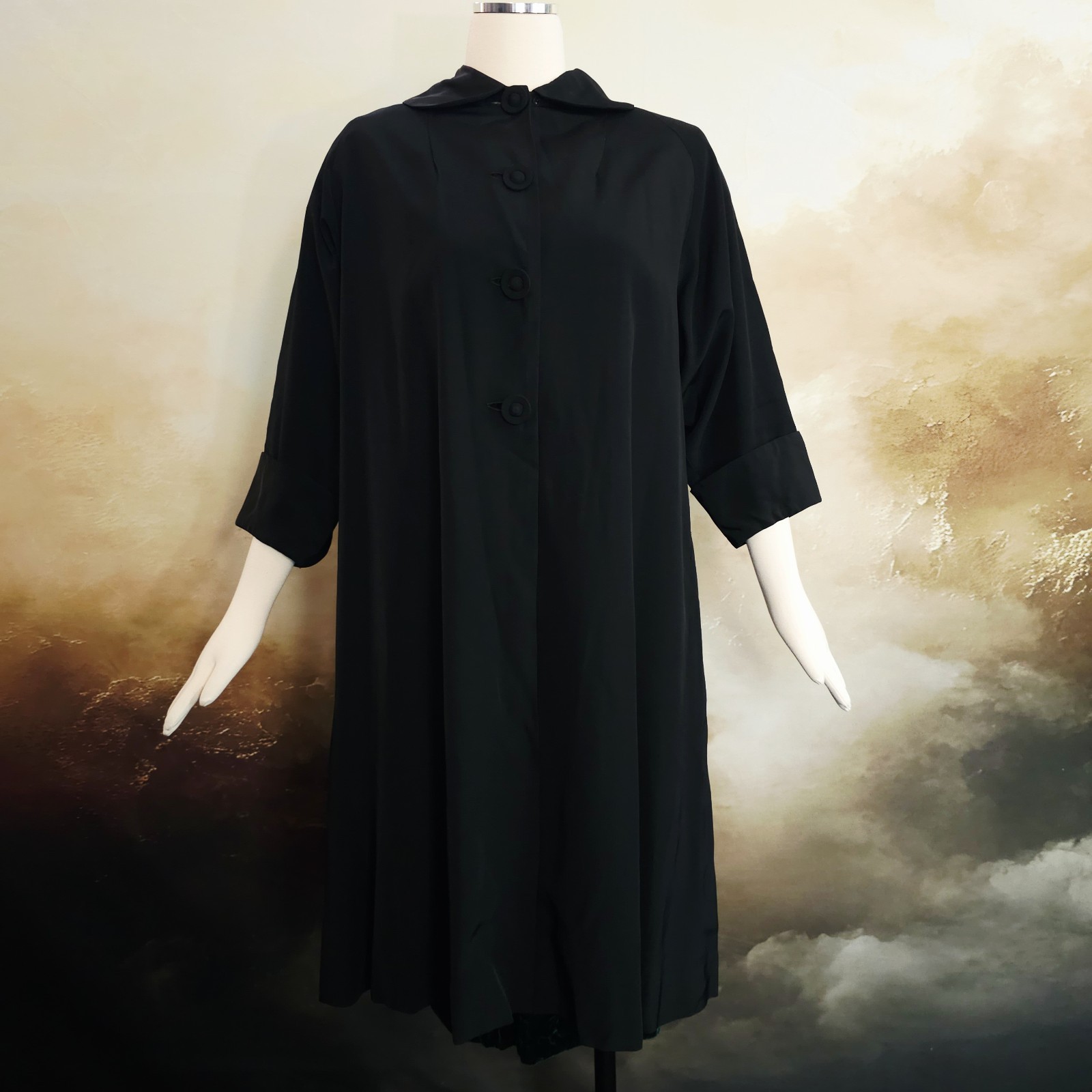 Vintage 1950s Coat Jacket Swing Coat Lightweight Black Half Sleeve Buttons Pinup