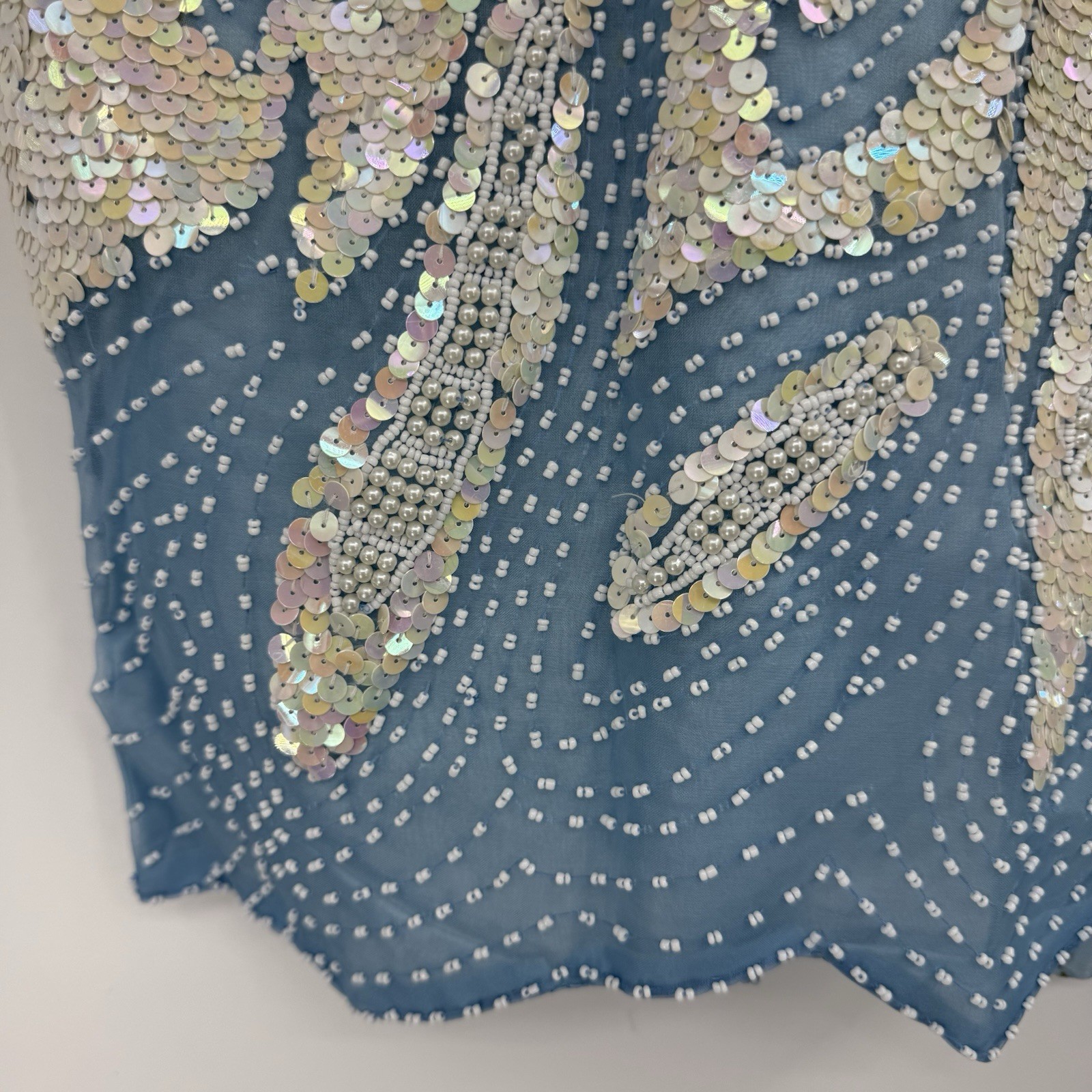 Vintage SILK Top Blue Waves Dolman Sleeves SEQUINS PEARLS All over Sz L NOS