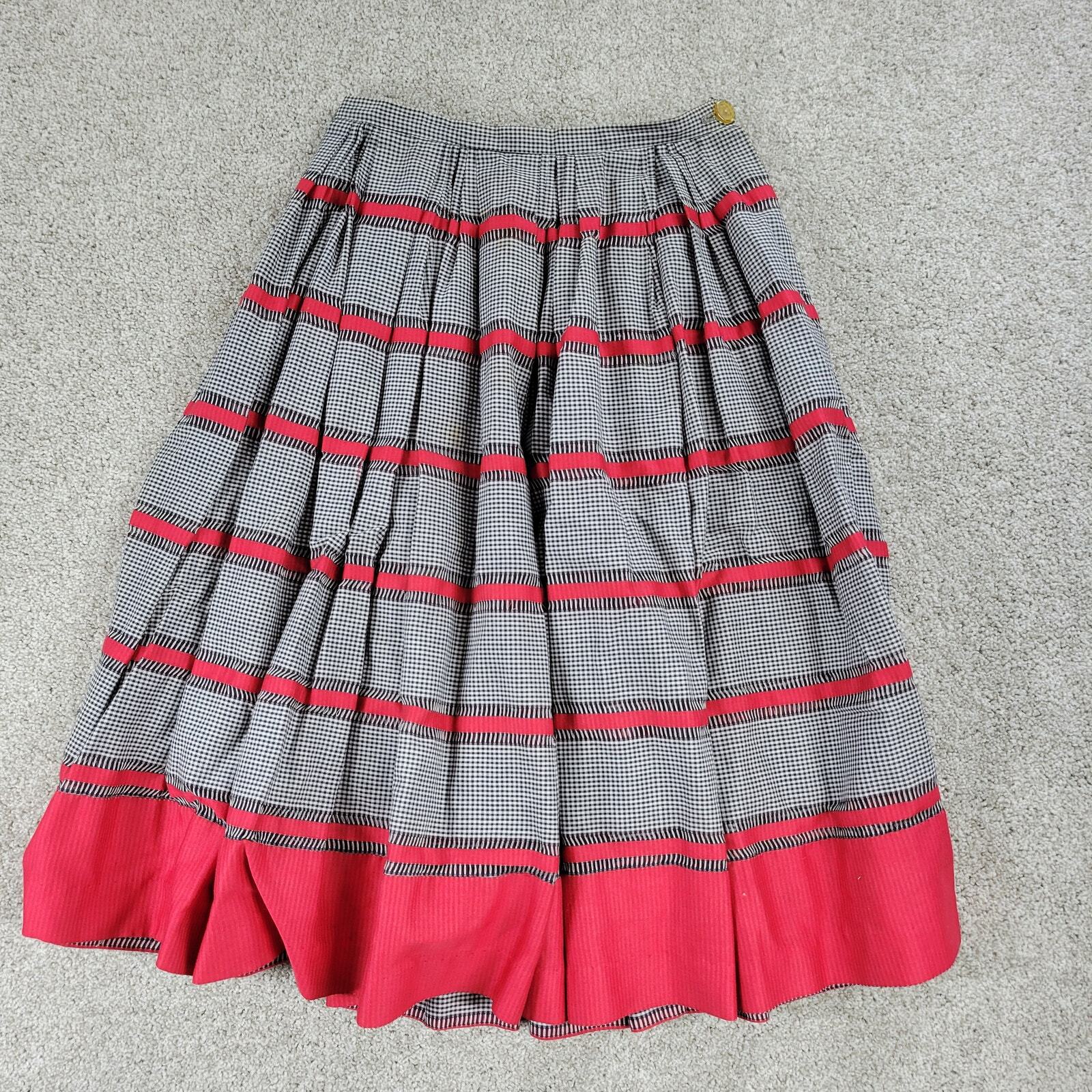 Vintage Womens Woven Gingham Skirt 2XS Black Red Check Thread Detail Handmade