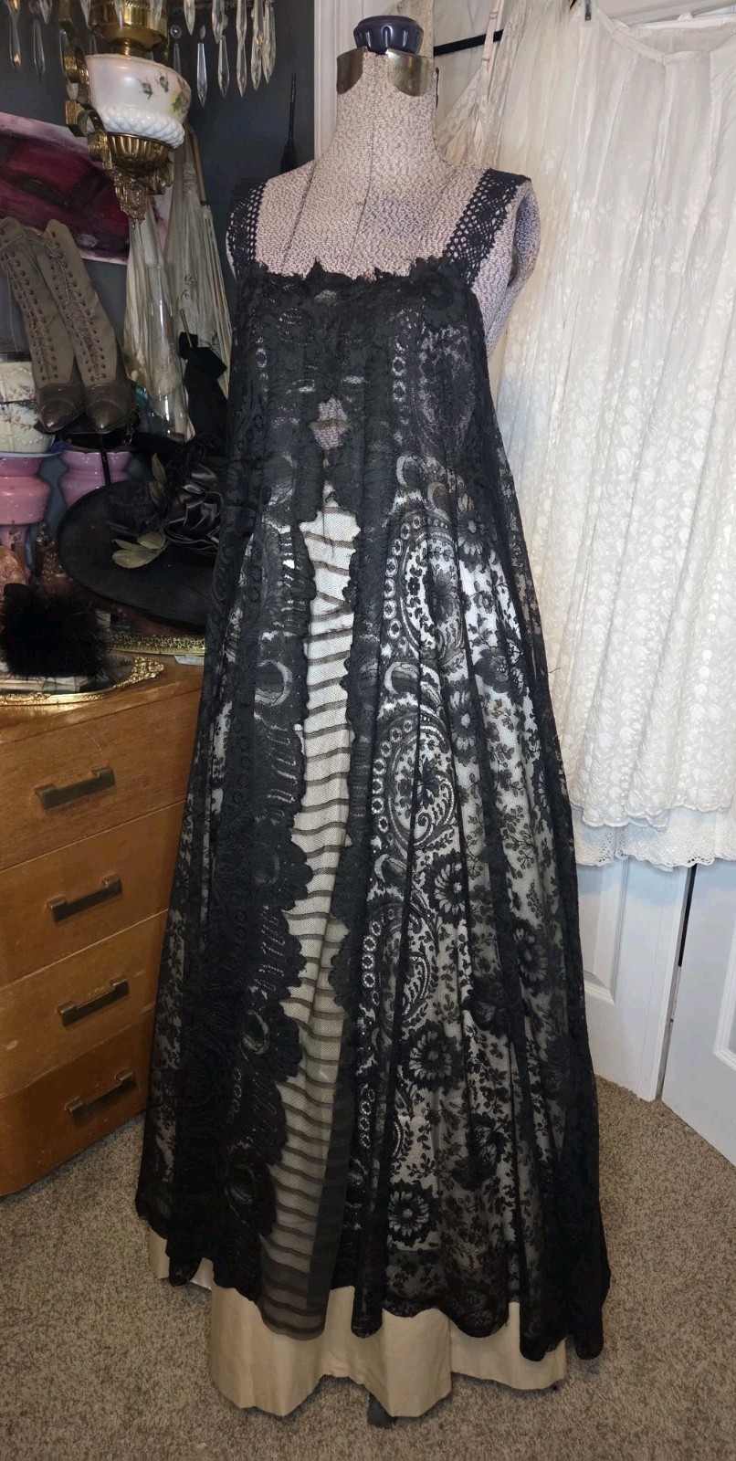 Exquisite Handmade Victorian Chantilly Nightgown/Negligee w/ Crochet Yoke
