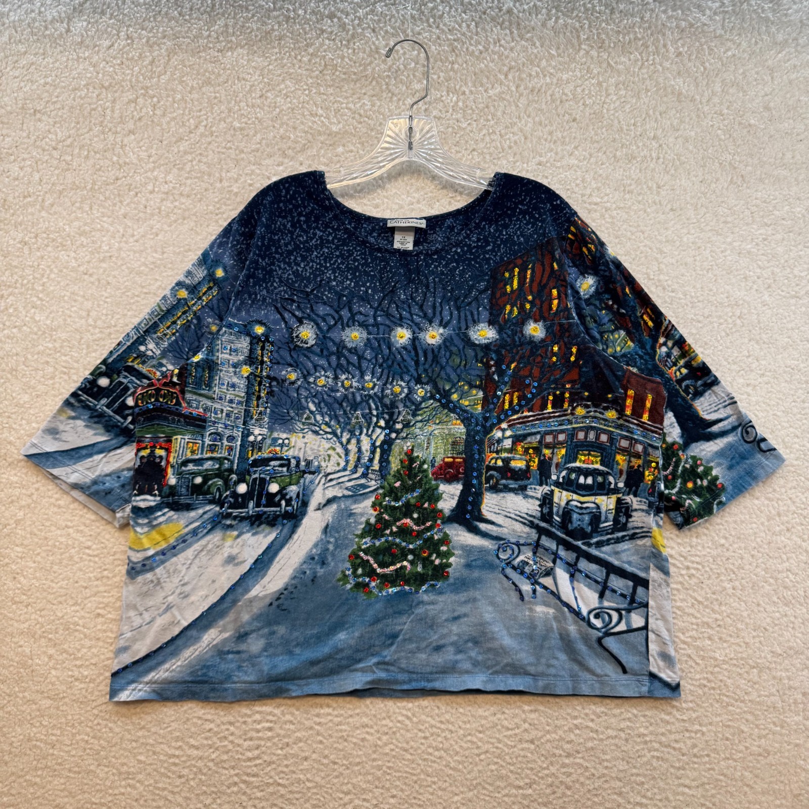 Y2K Vintage Christmas Tree Town Shirt 1X 1820 Blue Graphic Sequin All Over Print