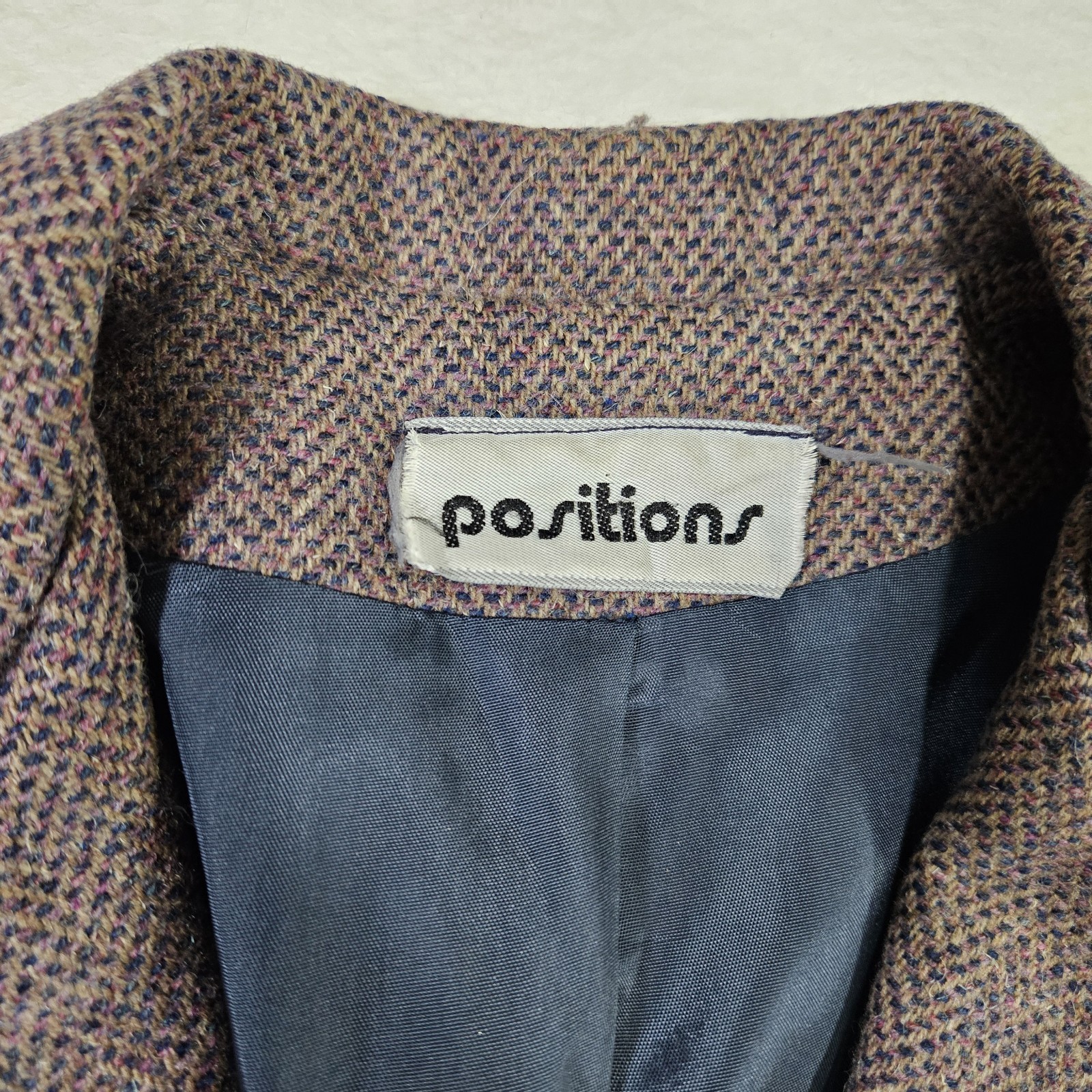 Vintage Positions Herringbone Tweed Blazer Jacket Brown Academic Woven Buttons S