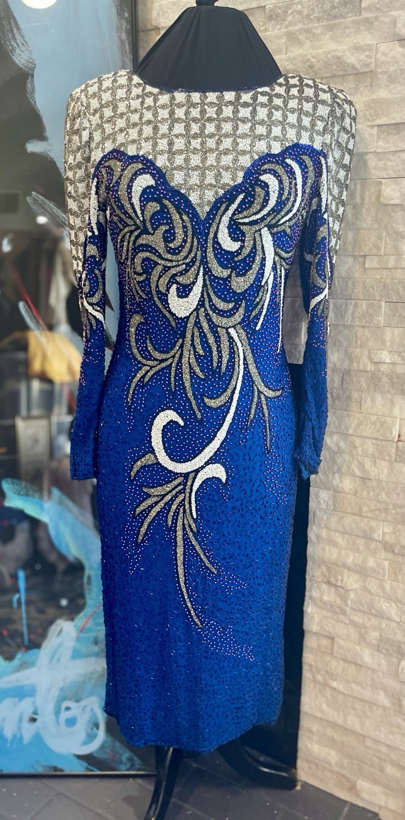 VTG Alisha Silk Beaded MIDI Cocktail Glamor Gown Royal Blue Size Medium Y2K 90s