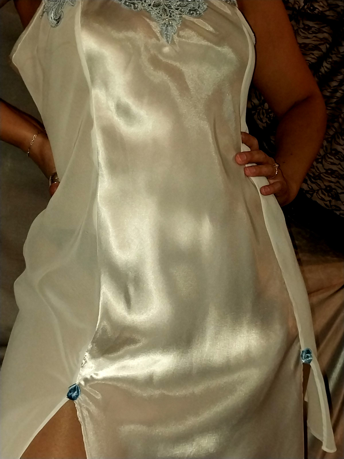 VTG SATIN LIQUID SHINY LUX BABYDOLL VENICE LACE BEADS BABY BLUE XL 44 46 CHIFFON