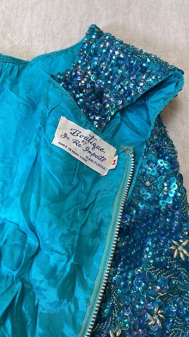 Gorgeous 1960&rsquo;s fully sequined and beaded turquoise tank top Hong Kong