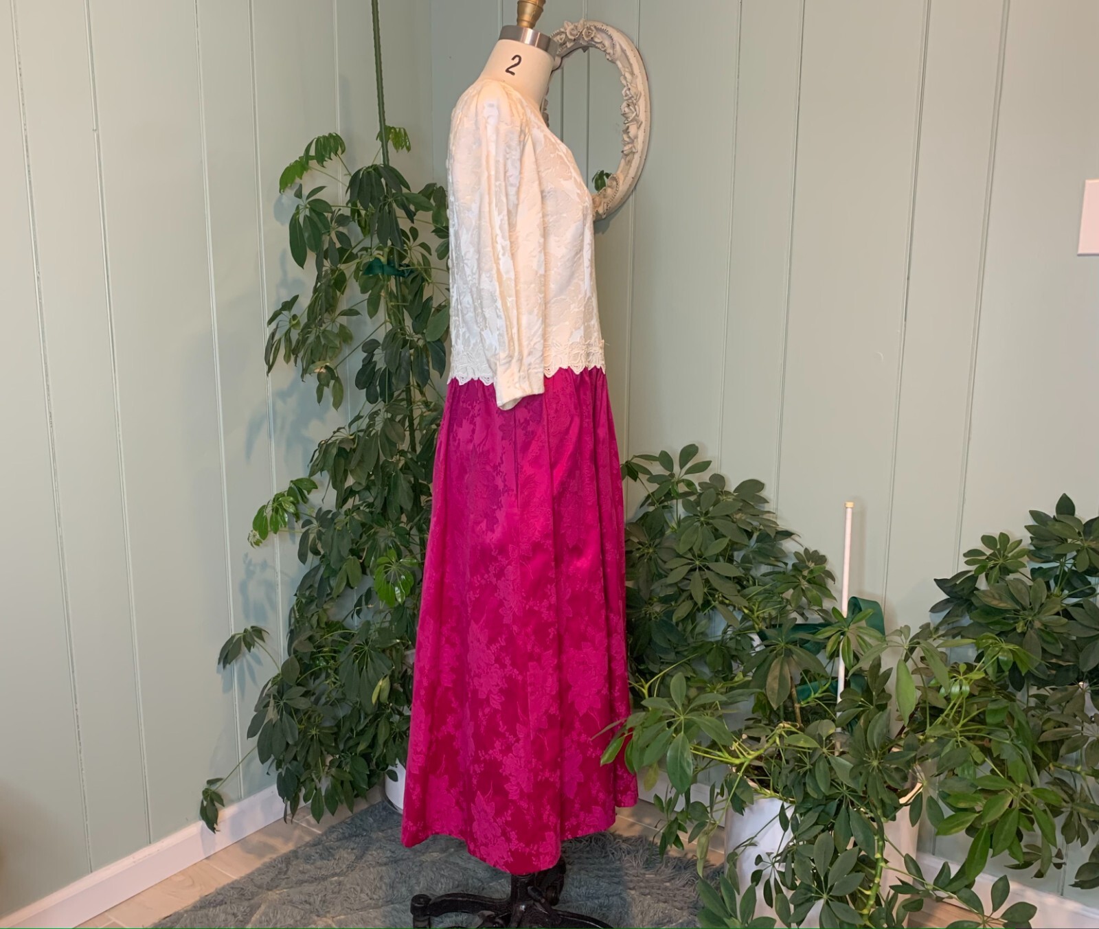Vintage 1980s Deep Pink White Embossed Matte Satin Formal Tea Length Dress Lanz