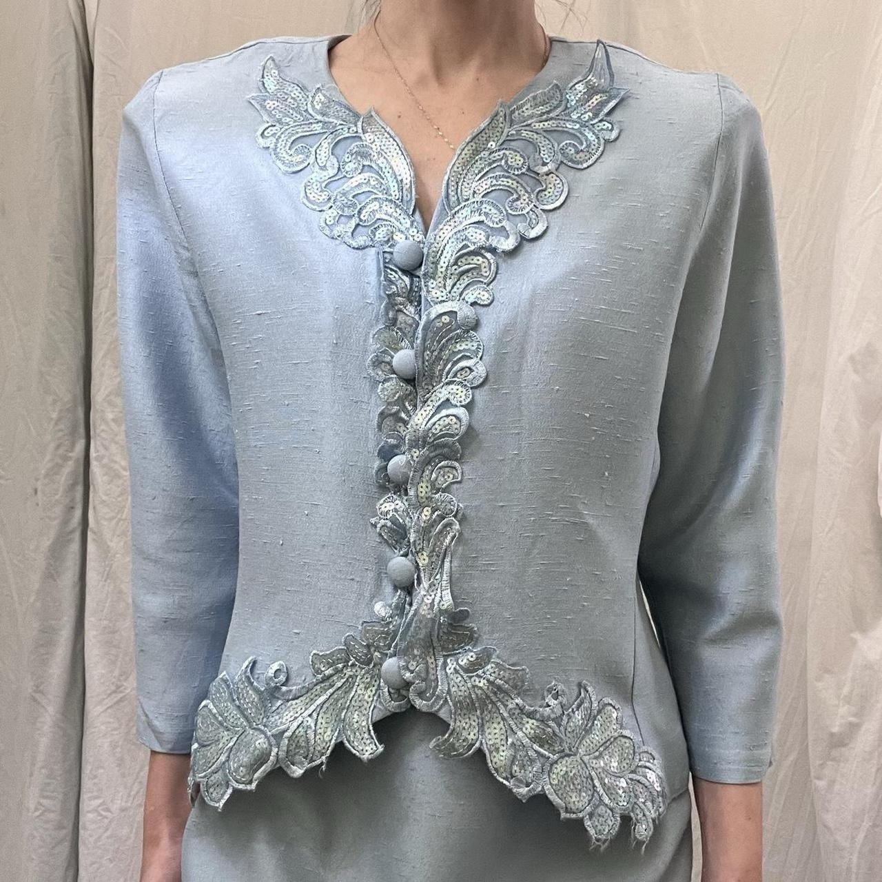 Powder Blue Shantung Skirt And Sequined Jacket Set Vintage 80s Size S/M Zeeba NY