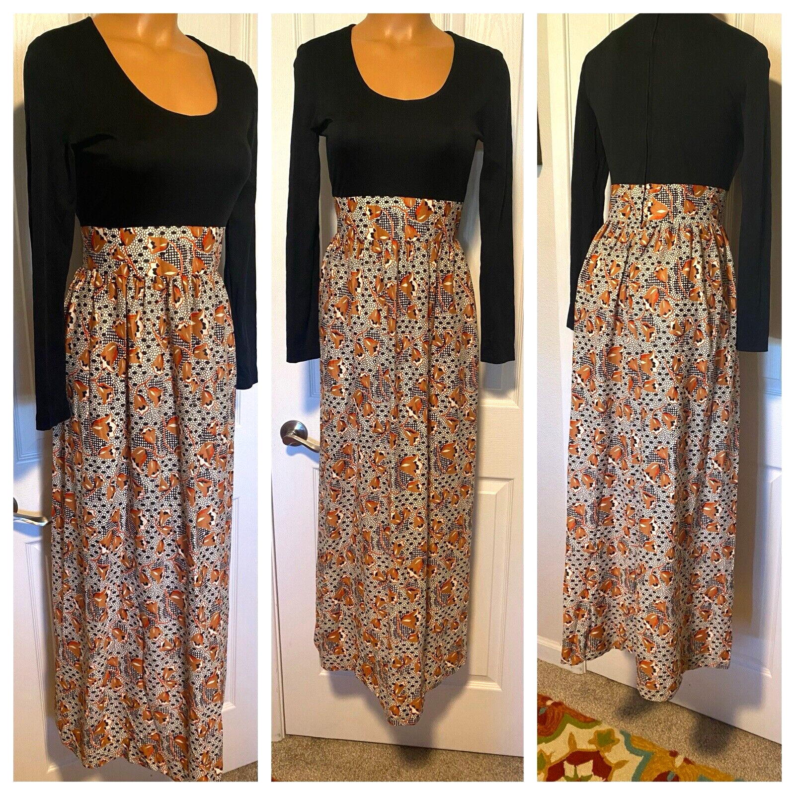 VINTAGE 70s FRITZI OF CALIFORNIA ARTSY MOD FLORAL TULIPS NYLON MAXI DRESS SZ M