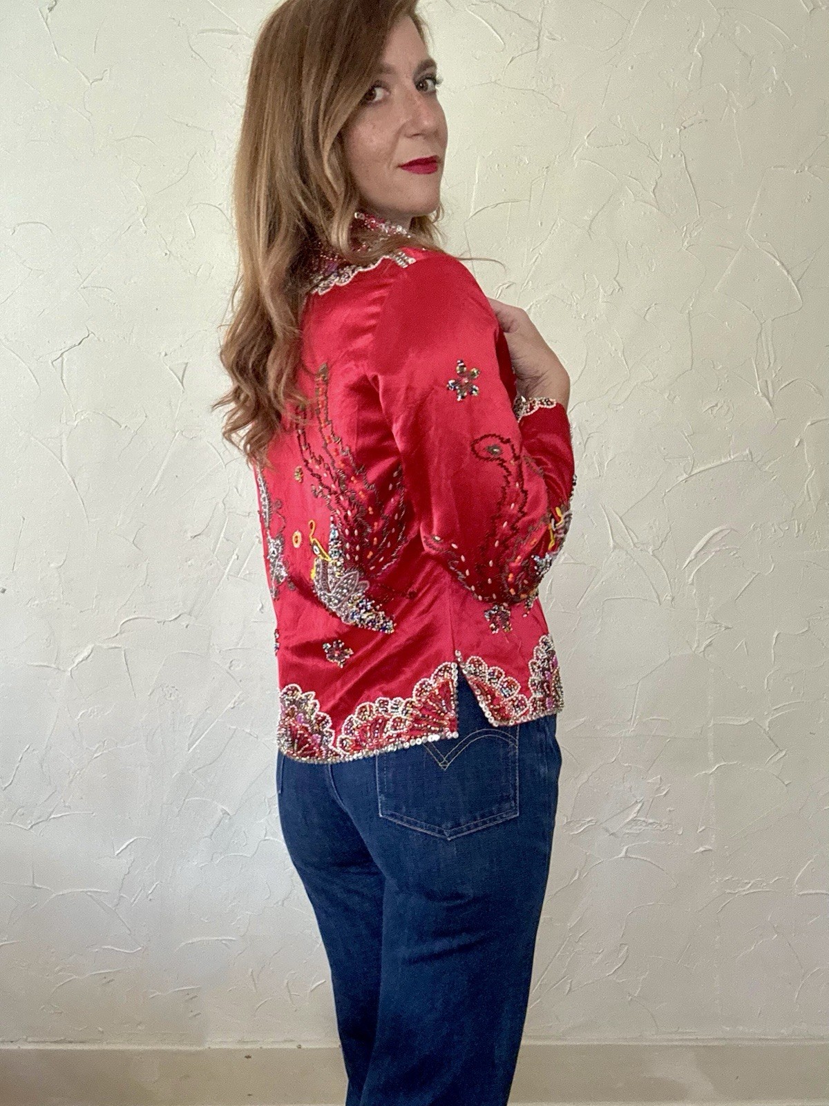 VTG 1960s Red Satin Beaded Jacket Zip up Asian Influenced Dragon Phoenix Design