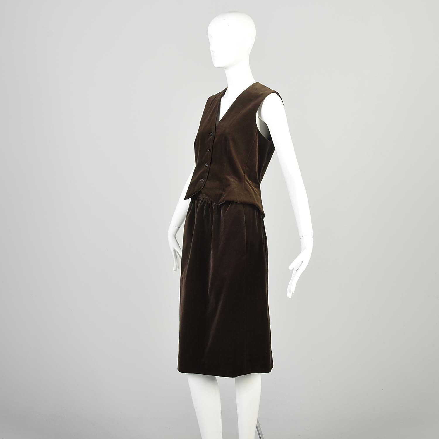 Small 1970s Halston Brown Velvet Two Piece Set Vest and Skirt Button Up Vest