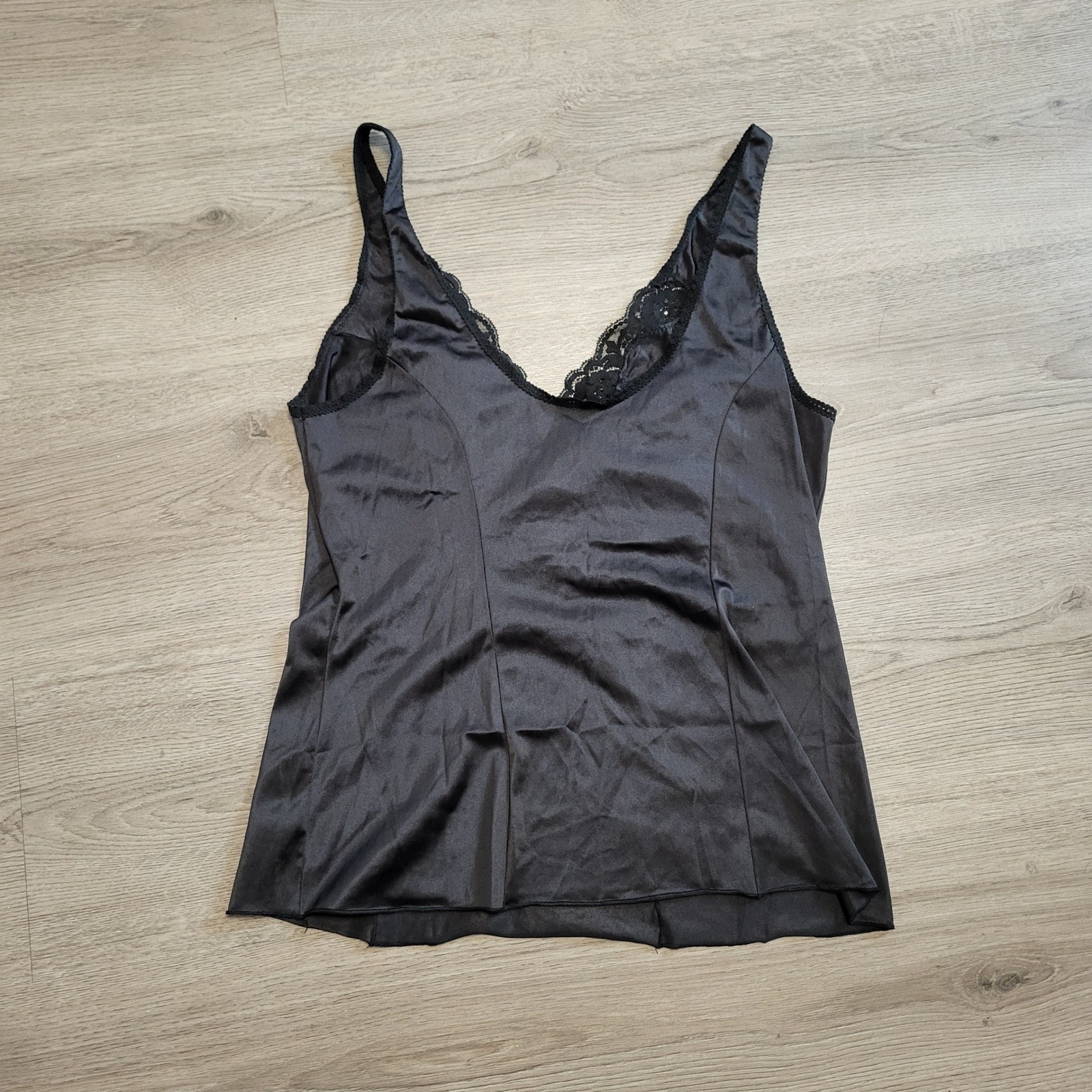 Vassarette Vintage Black Lace Trim Cami Top Antron Goth Dark Romantic Small 36