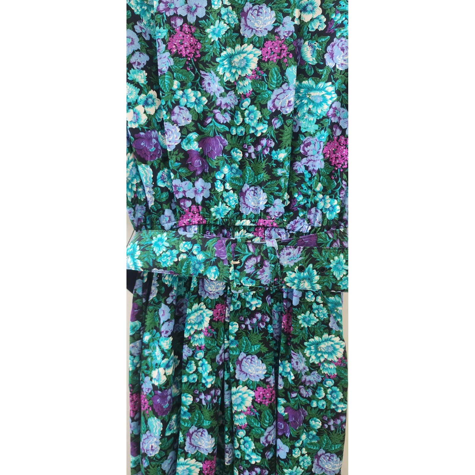 Michelle Stuart Vintage Floral Midi Dress Teal Purple Rayon Belted Size 8 USA
