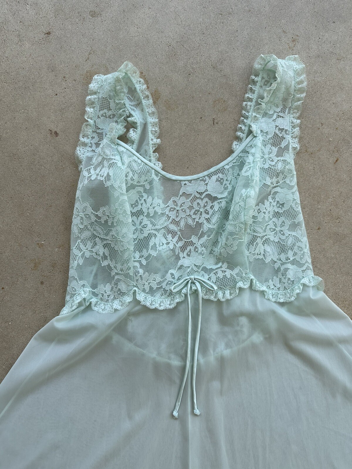 1960s Vanity Fair Mint Green Nylon Tricot Lace Nightgown Slip Dress Negligee VTG
