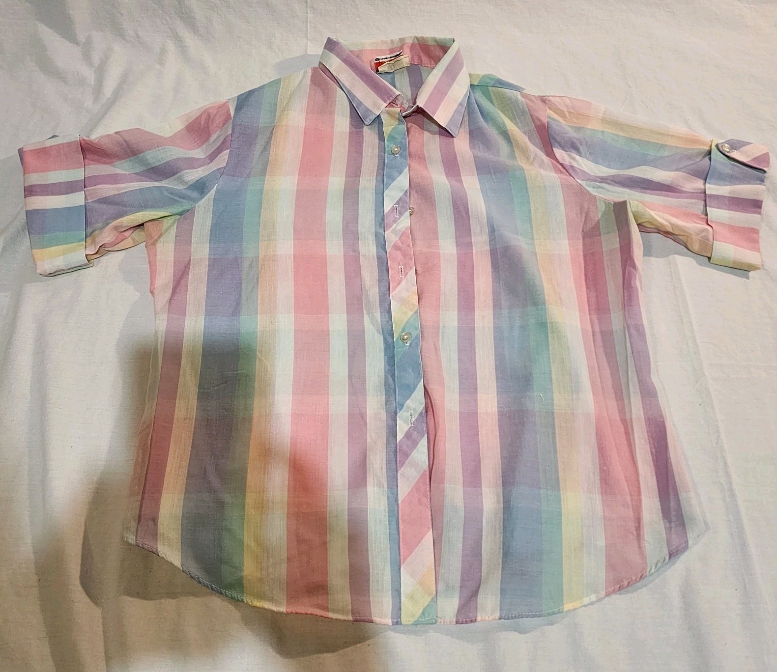 Vintage 80s Shirt Accent Women&rsquo;s Button Down Shirt Pastel Striped Retro Blouse