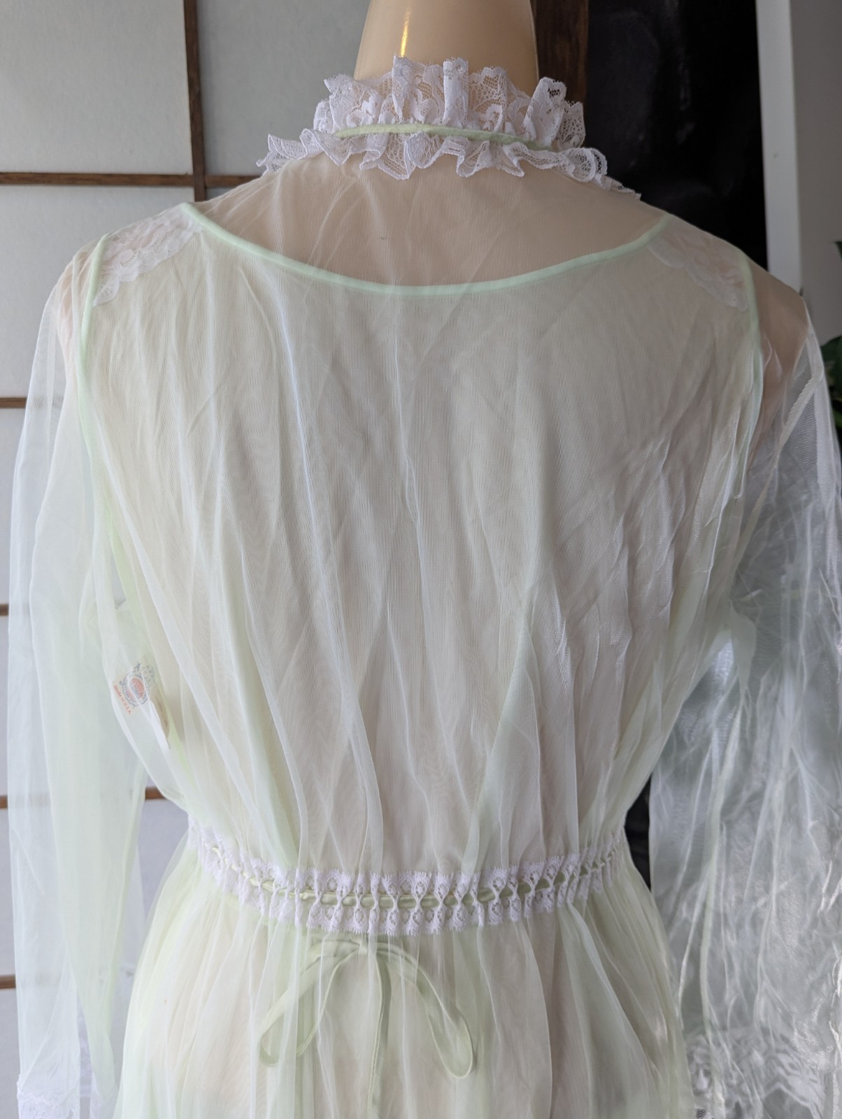 Vtg 1970s Miss Elaine Peignoir Set Long Mint Green Chiffon Lace USA Large NOS