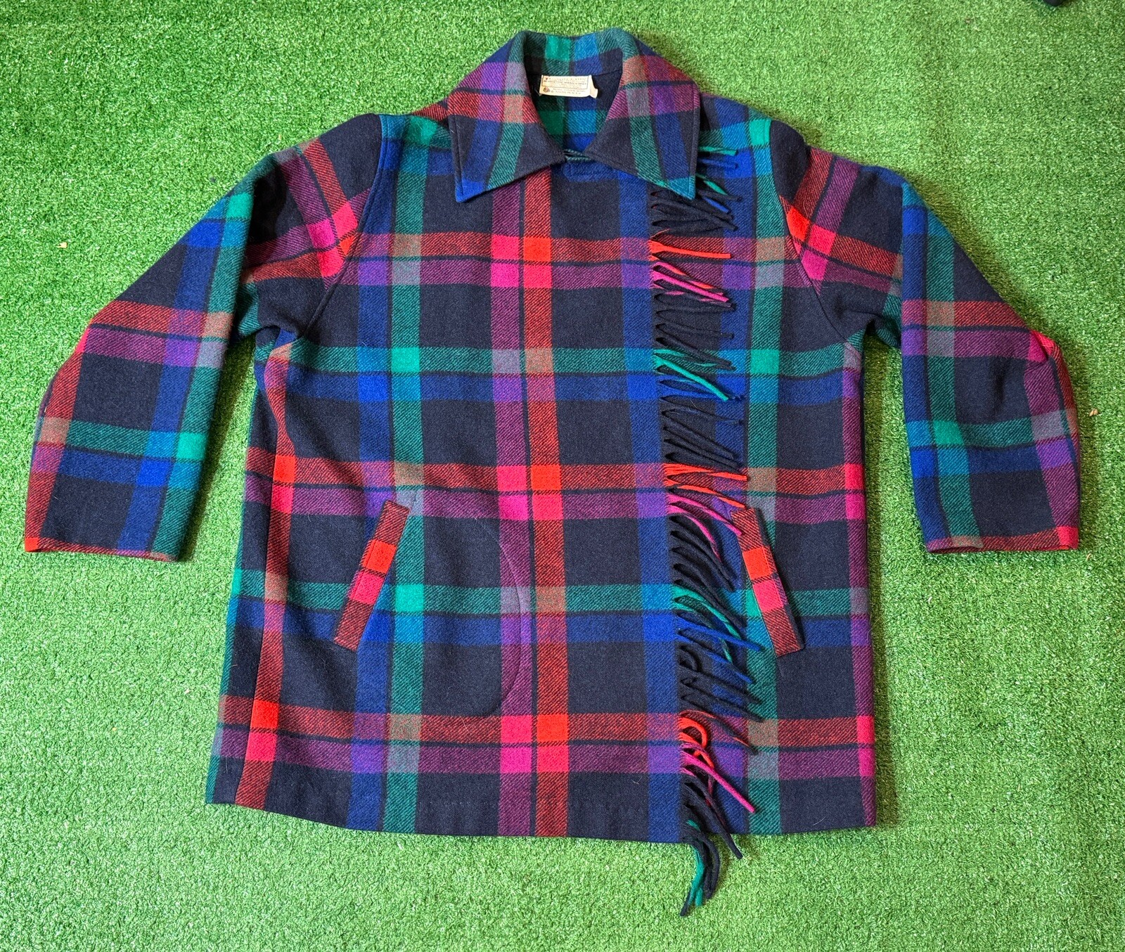 Vintage 1950s Era Pendleton 100% Wool Over Coat Fringe Shaw Colorful Size Large