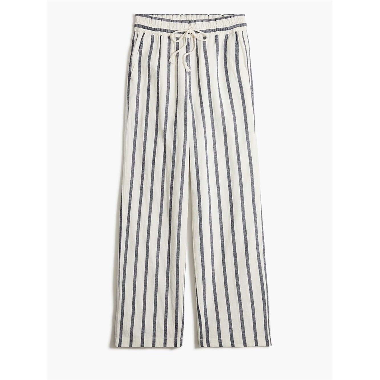 J Crew Striped linen-cotton blend wide-leg paper-bag pant in Ivory Antique Navy