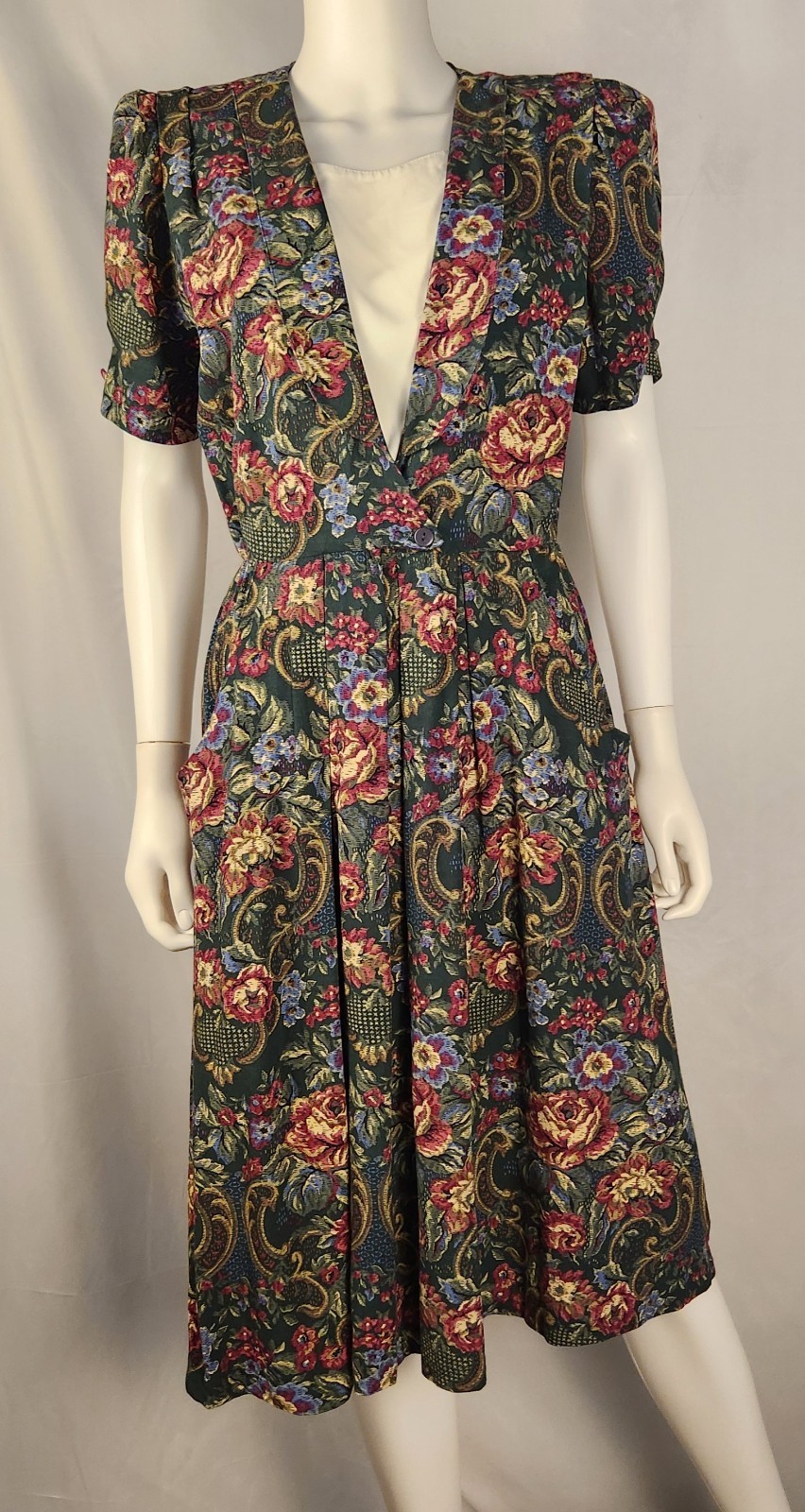 80s R J Stevens Floral Puff Sleeve Cottagecore/Tea Midi Dress 14P