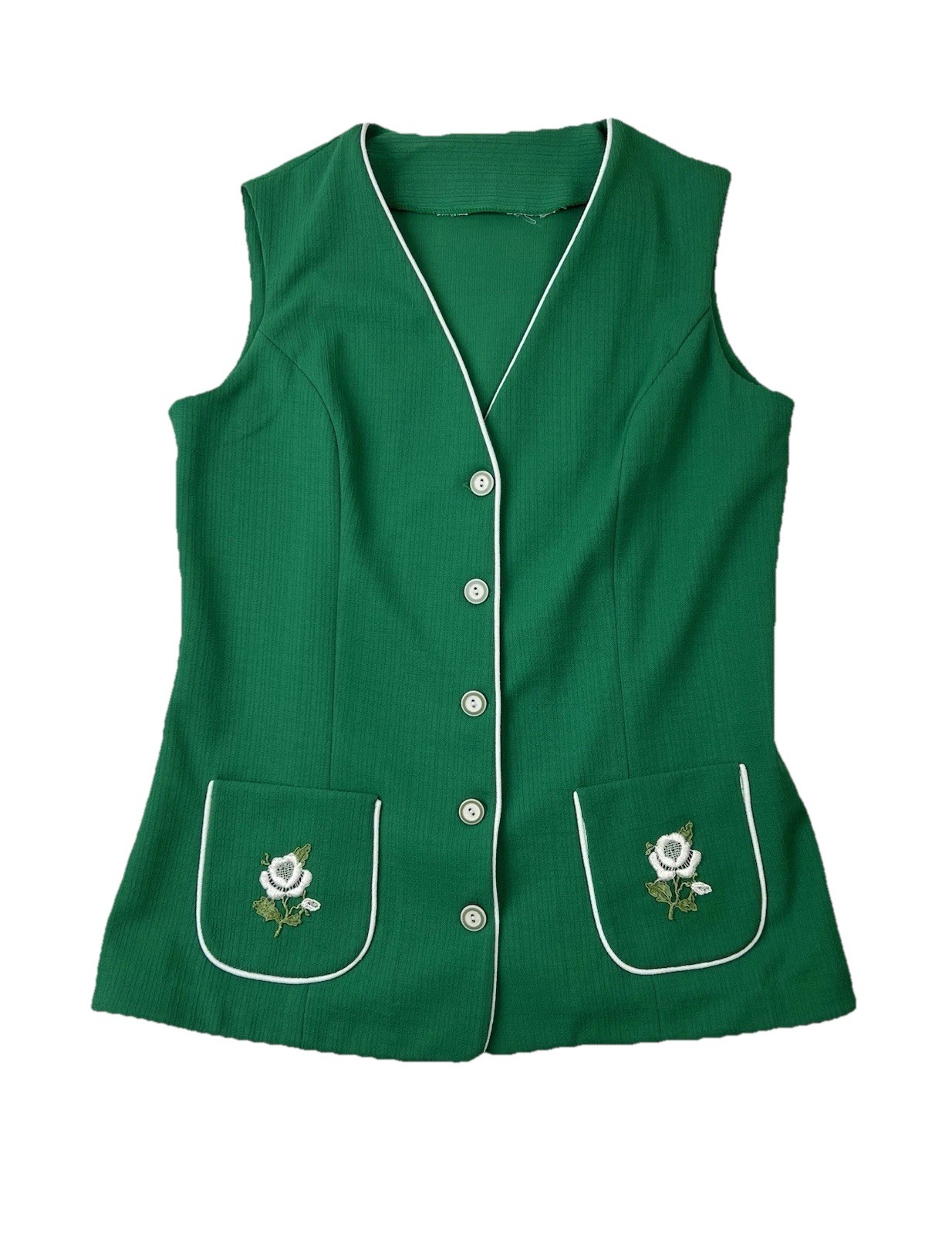 Vtg 1970s Jersey Suit Top Vest Green w/White Trim Roses Pockets Disco Groovy