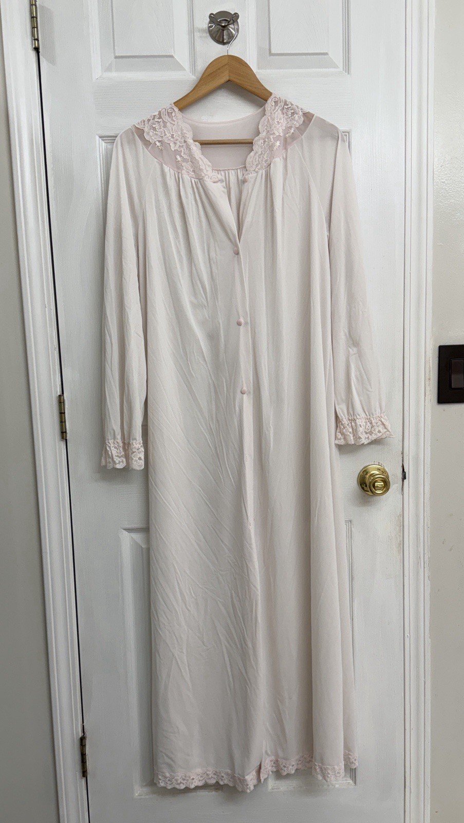 Vintage Shadowline Nightgown Medium Blush Pink Lace Trim Full Length USA Made