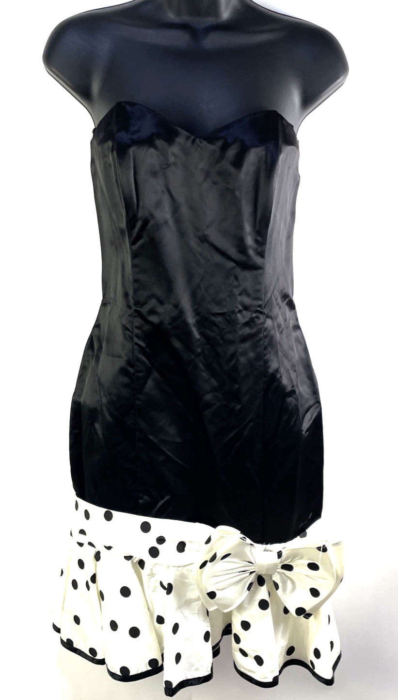 Vtg Gunne Sax Jessica McClintock Black and White Polka Dot Drop Hem Dress 7/8