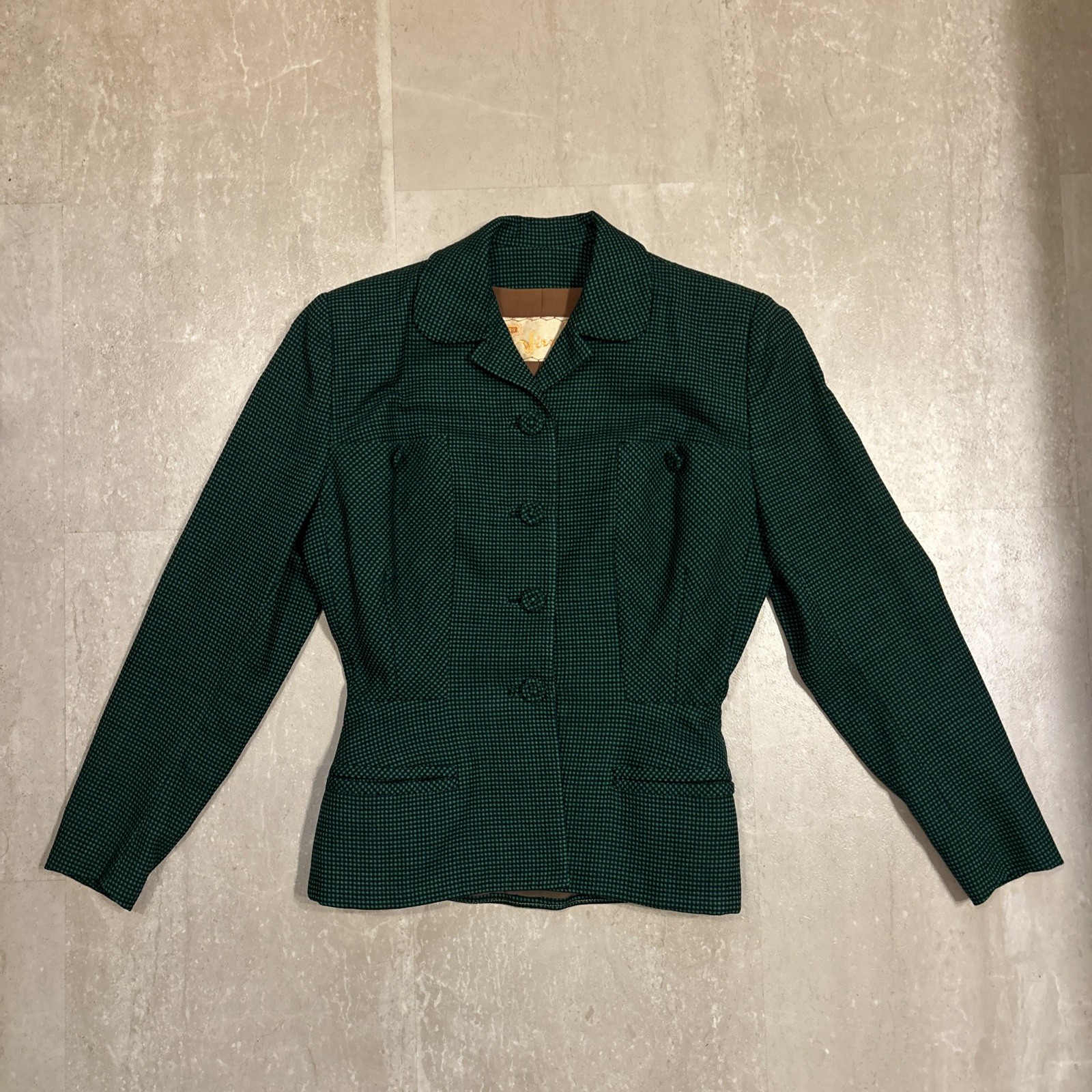 Vintage 1940s Green Woman&rsquo;s Jacket S/M Hirsch Chicago Pockets Fitted Padded Cute
