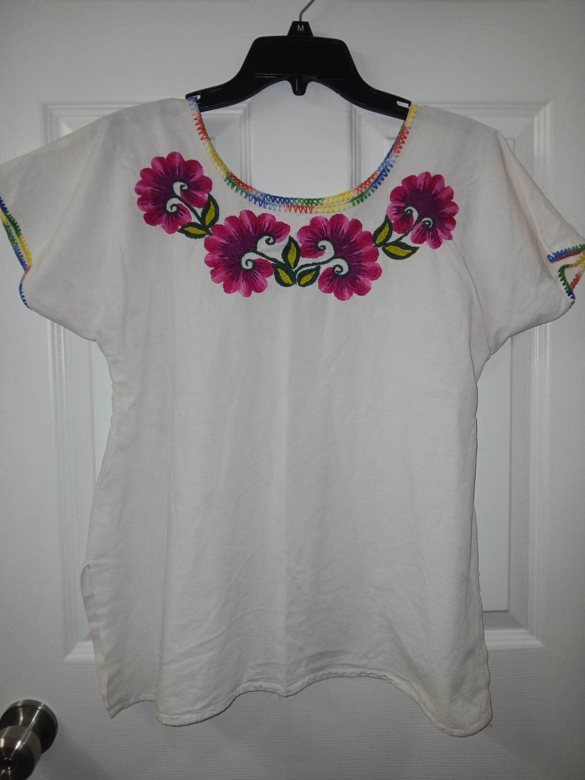 Vintage Handmade Embroidered Peasant Floral Cotton Boho Folk Art Artisan Blouse