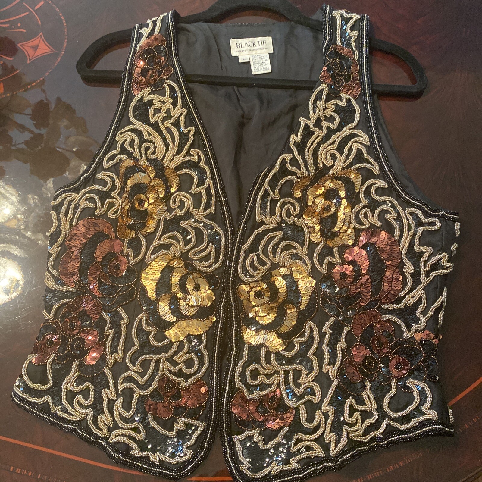 VINTAGE 80&rsquo;s Silk Beaded Sequin Vest BLACK TIE BY HE-RO Black Gold Copper L