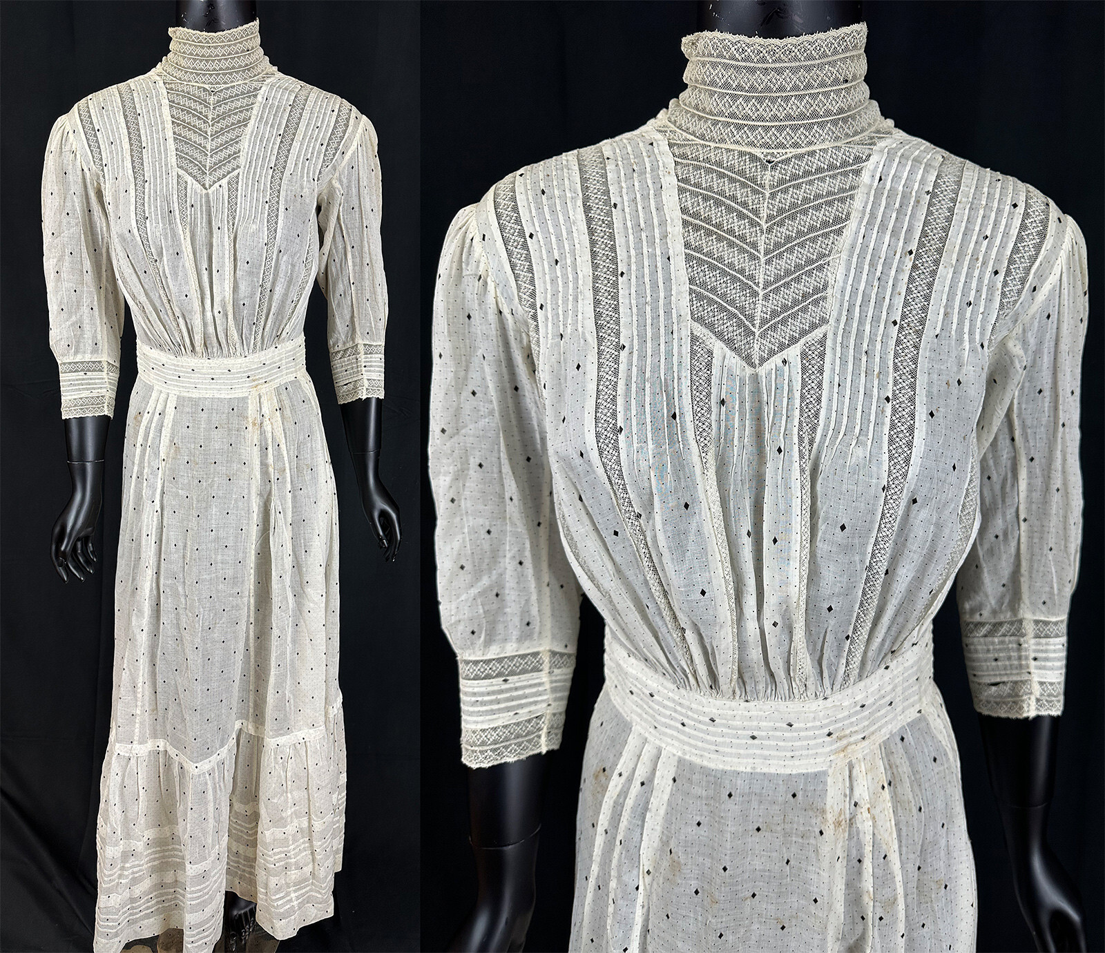 Victorian White Cotton Black Diamond Polka Dot Print Calico Lace Collar Dress