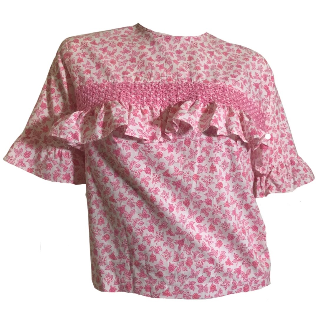 True Vintage 1960s Pink Floral Print Smocked Cotton Blouse with Ruffles