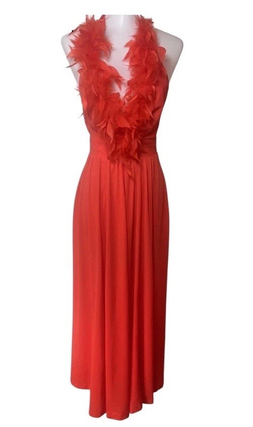 VTG Climax by David Howard Feather Neck Halter Dress Womens Size 5/6 Coral