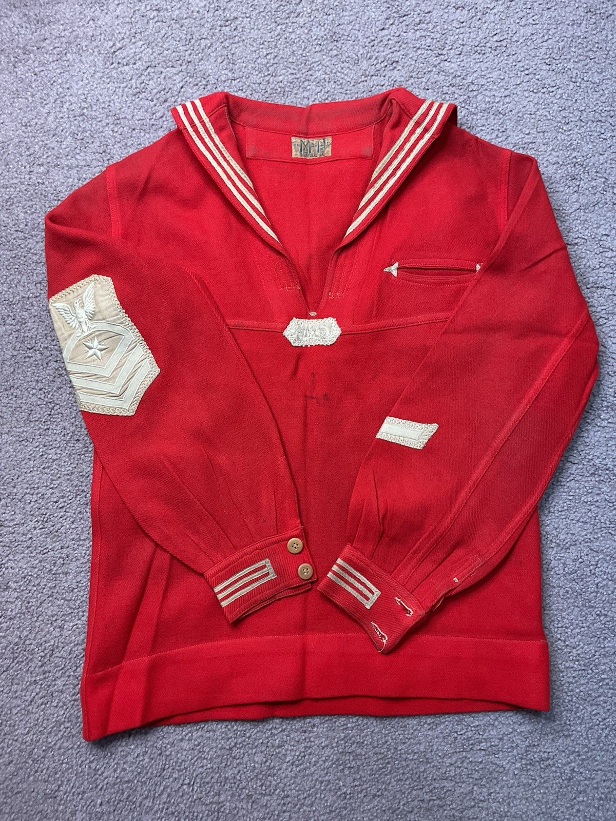 Early 1920’s Red Wool Sailor Style Uniform Shirt Blouse Pullover With Patch
