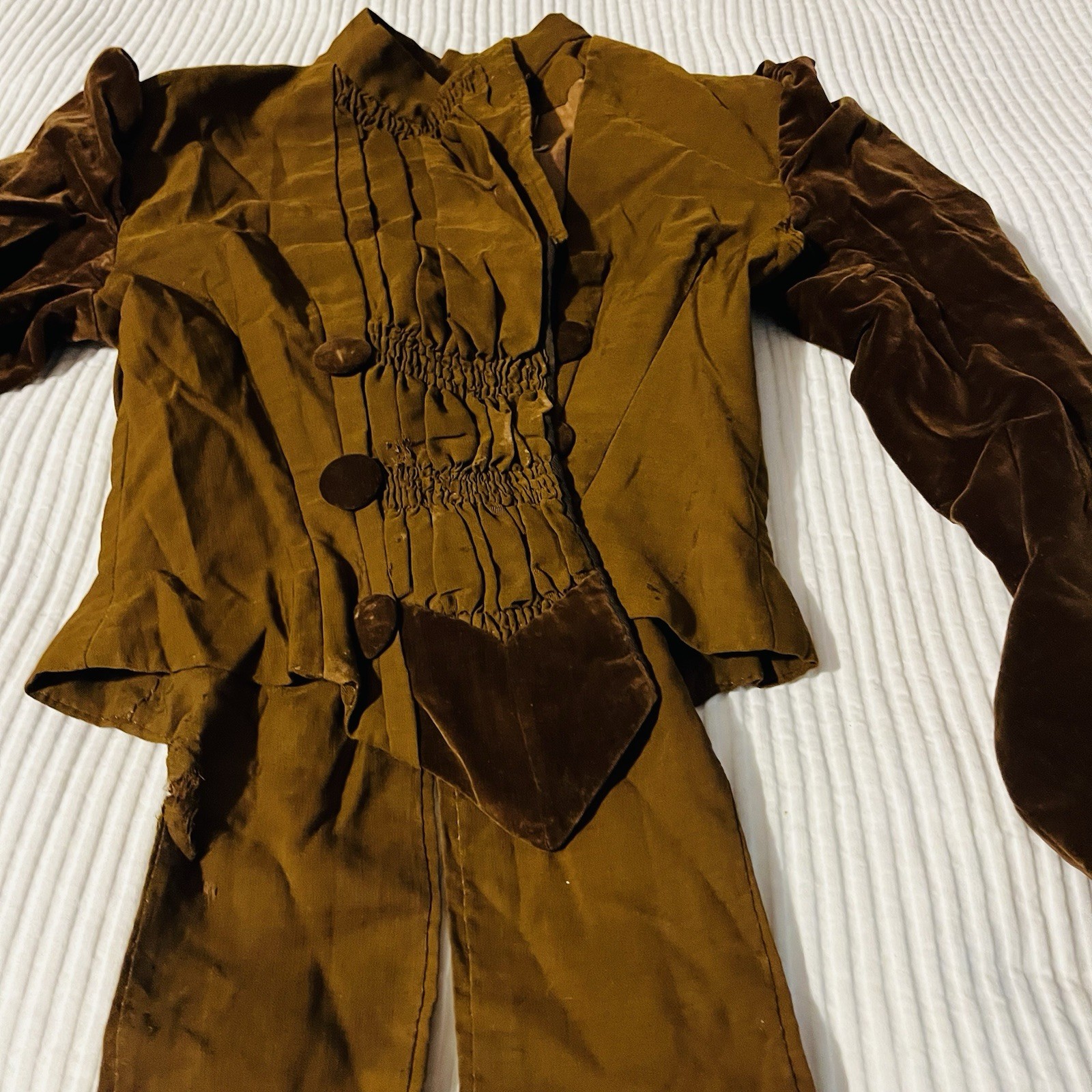 Antique Edwardian Boned Waist Jacket Velvet Trim & Puff Sleeves-Smocked-Coattail
