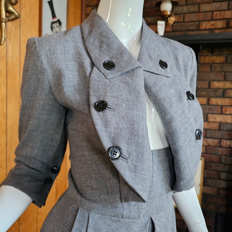 Vtg 40s 50s Wing Cuff Gray Wool Full Skirt Victory Suit Carlye Coat Dress XS/S