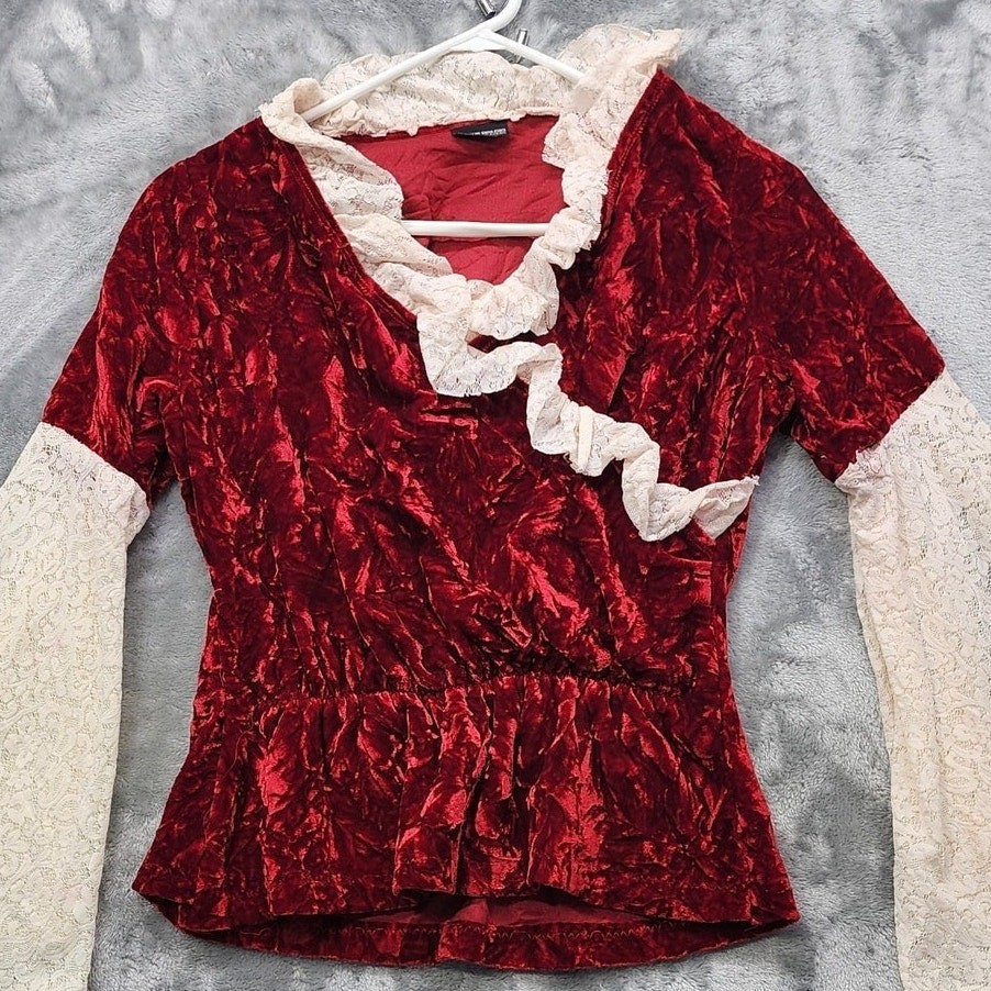 Vintage NTCO Nomadic Traders Top Womens S Red Cream Velvet Lace Bell Sleeves