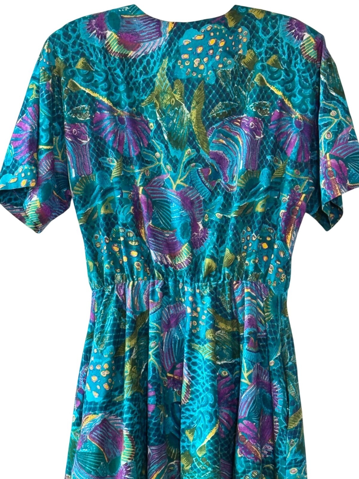 Vintage 80s Melissa Teal Abstract Tropical Print Midi Dress Pockets – Modern Lar