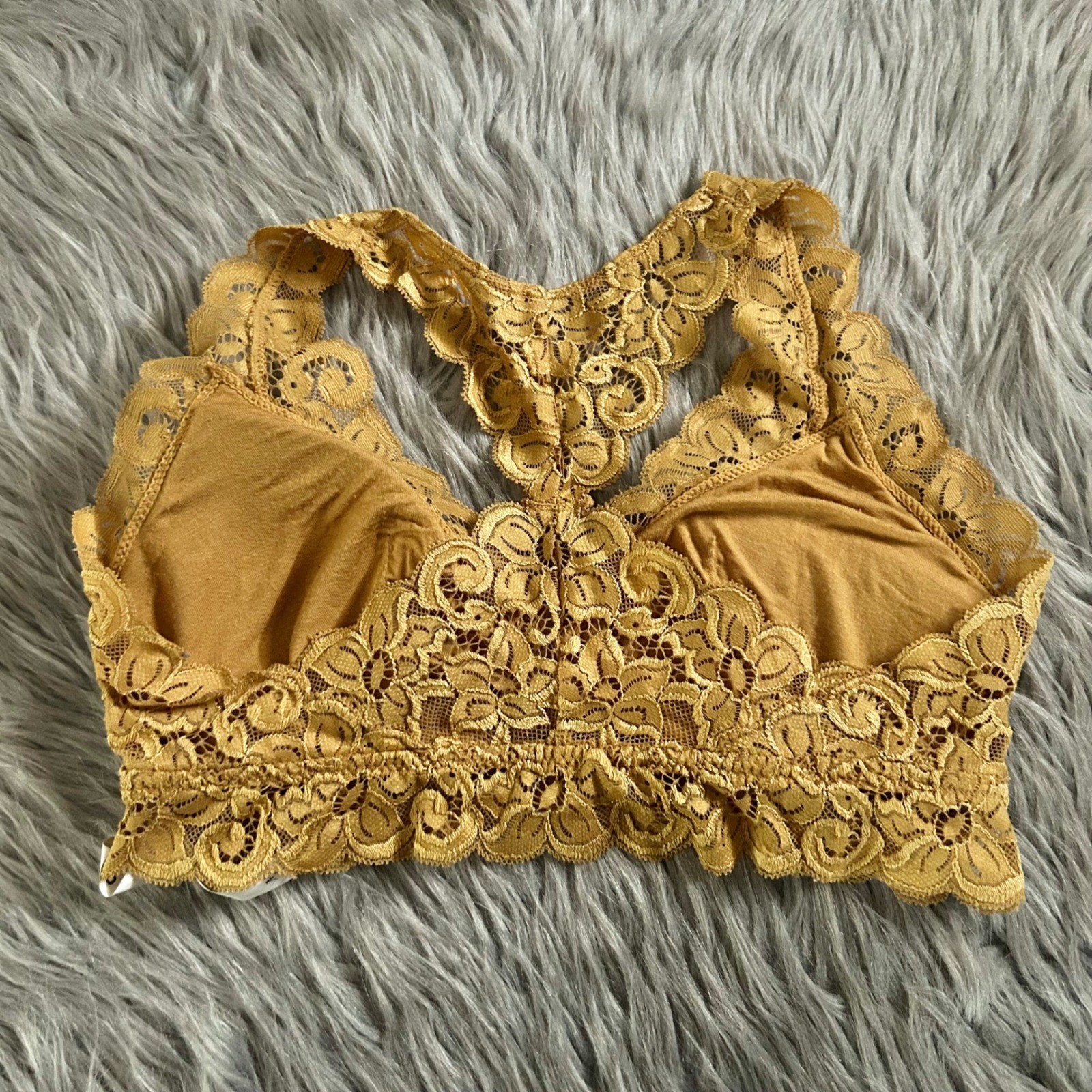 AERO Wireless Racerback Bralette Womens Size Medium Yellow Floral Lace Bra