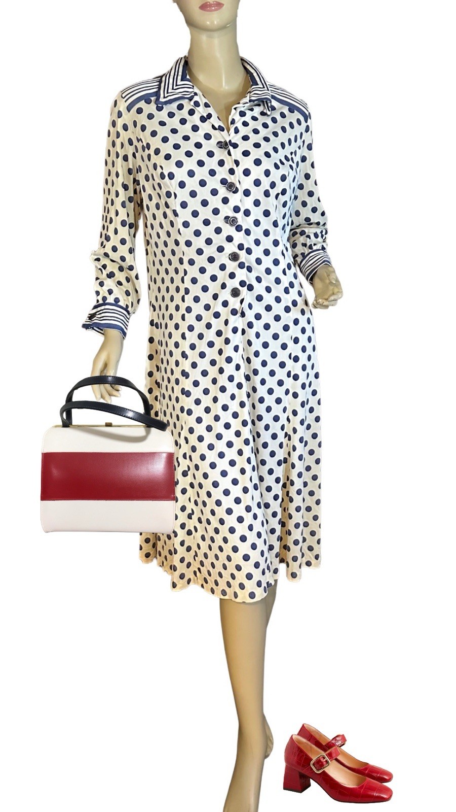 VINTAGE 1980&rsquo;S ARNEL BLUE & WHITE STRIPED & POLK A DOT PRINT SHIRT DRESS SIZE L