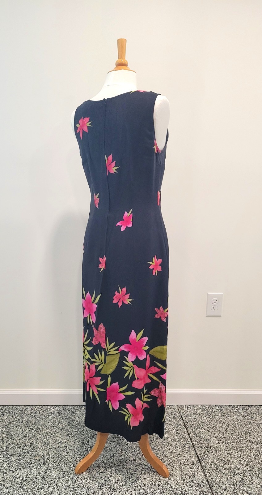 Vintage Maxi Column Dress Black Multicolor Floral Summer Early 1970s L