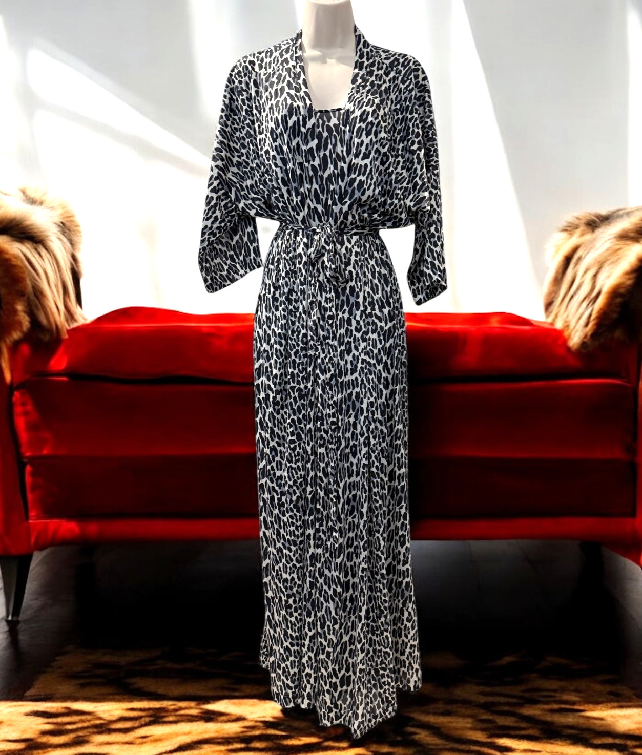 Vintage Large VANITY FAIR Leopard Wrap Peignoir Robe Lingerie Negligee Gown Set