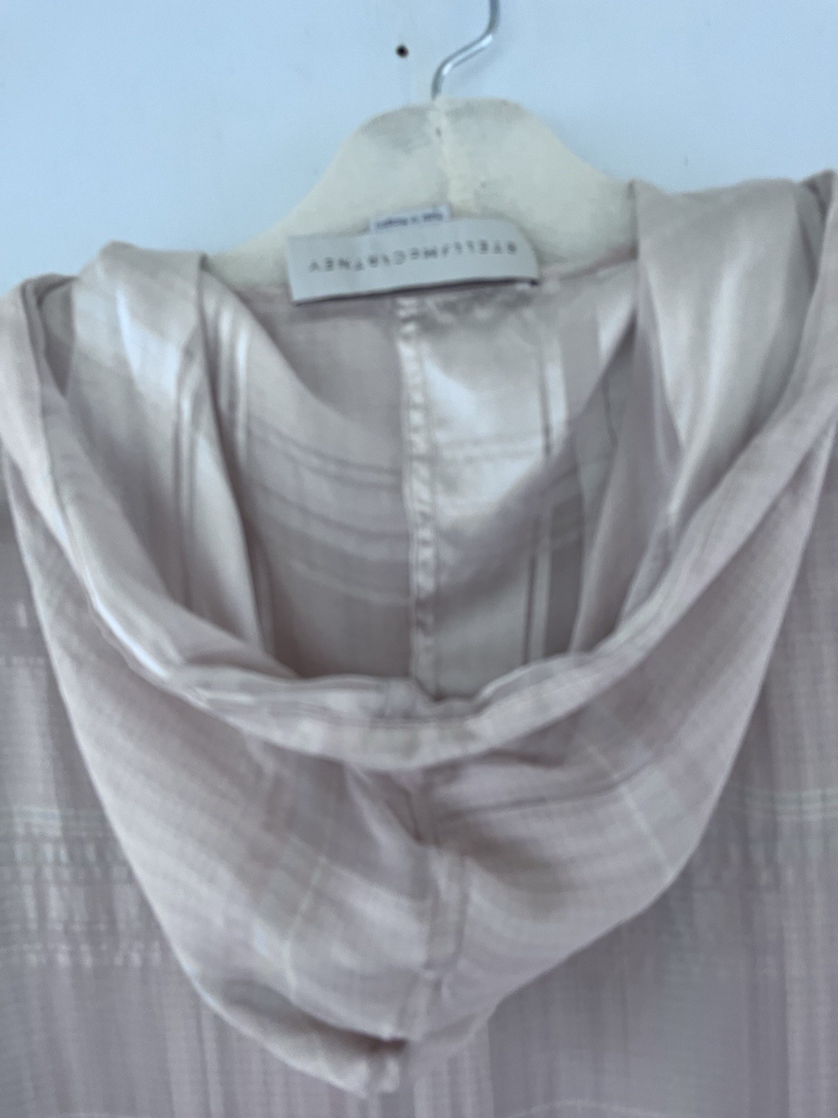 Stella McCartney Palest Pink Blue Plaid Silk Semi Sheer Drawstring Hoodie Sz 46