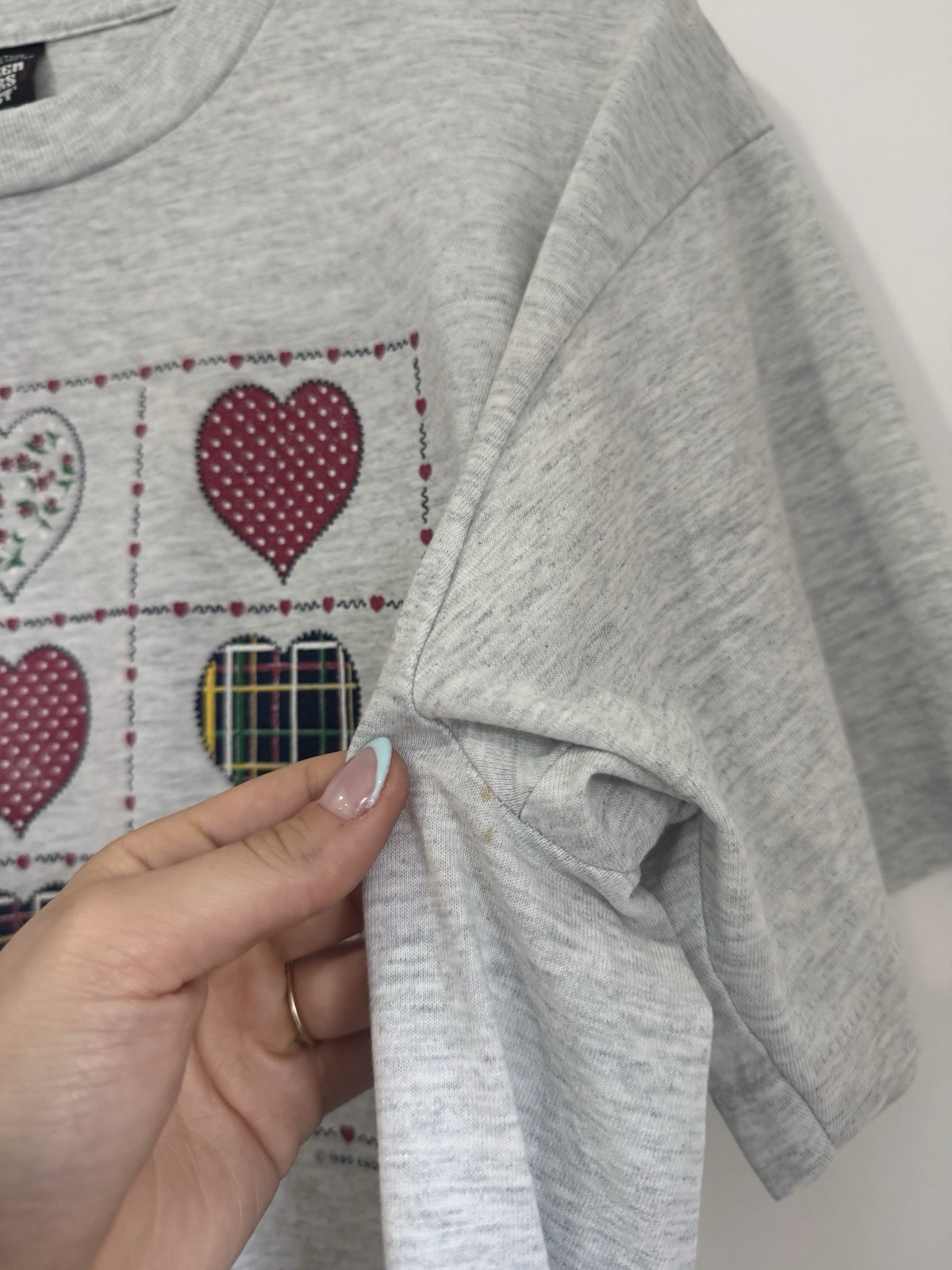 Vintage 1990 Endless Designs Screen Stars Patchwork Heart T-Shirt Gray XL